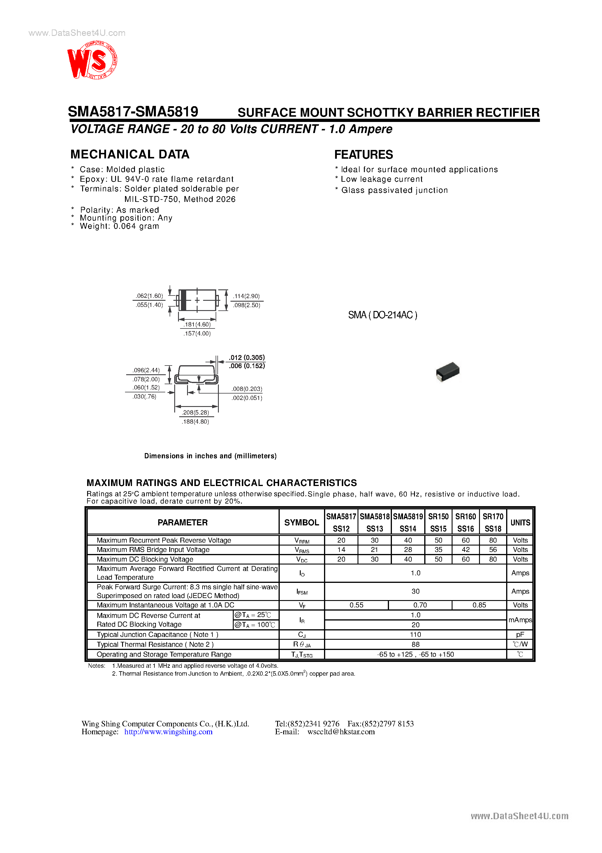 Datasheet SMA5817SS12 - SURFACE MOUNT SCHOTTKY BARRIER RECTIFIER(VOLTAGE RANGE - 20 to 80 Volts CURRENT - 1.0 Ampere) page 1