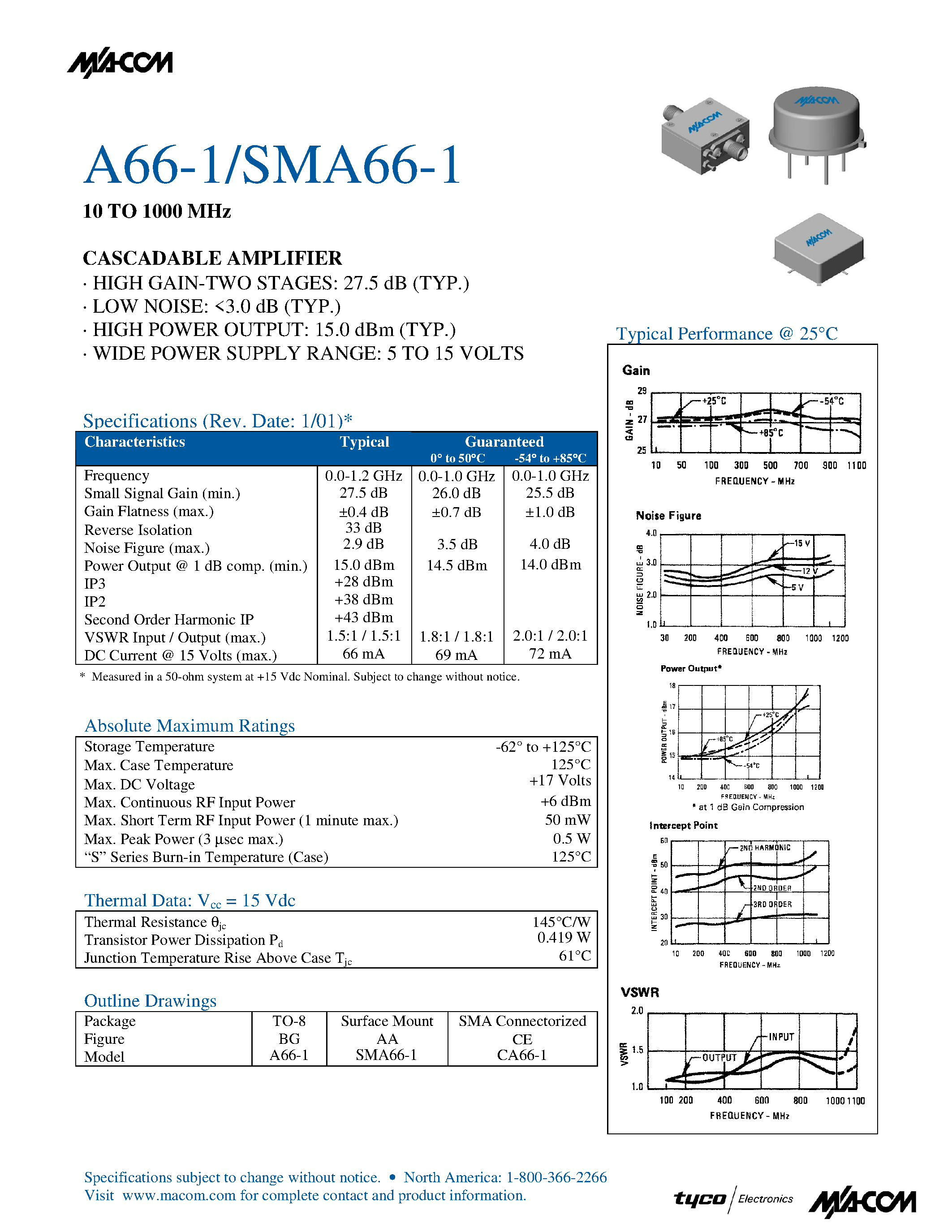 Datasheet SMA66-1 page 1 Datasheet SMA66-1 - 10 TO 1000 MHz CASCADABLE AMPLIFIER page 1