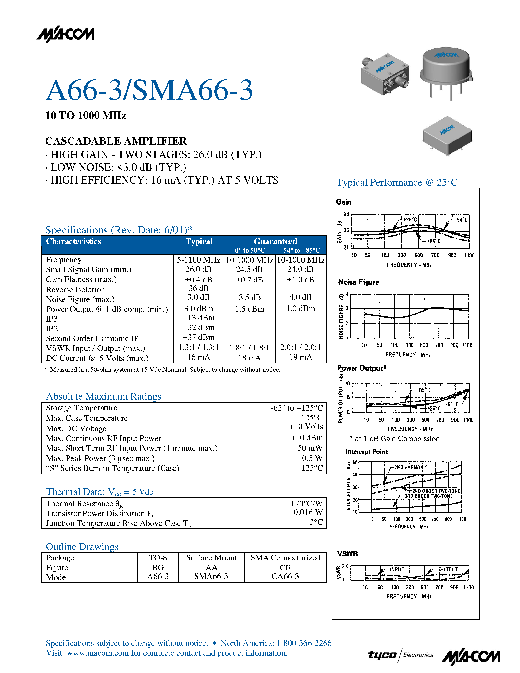 Datasheet SMA66-3 - 10 TO 1000 MHz CASCADABLE AMPLIFIER page 1