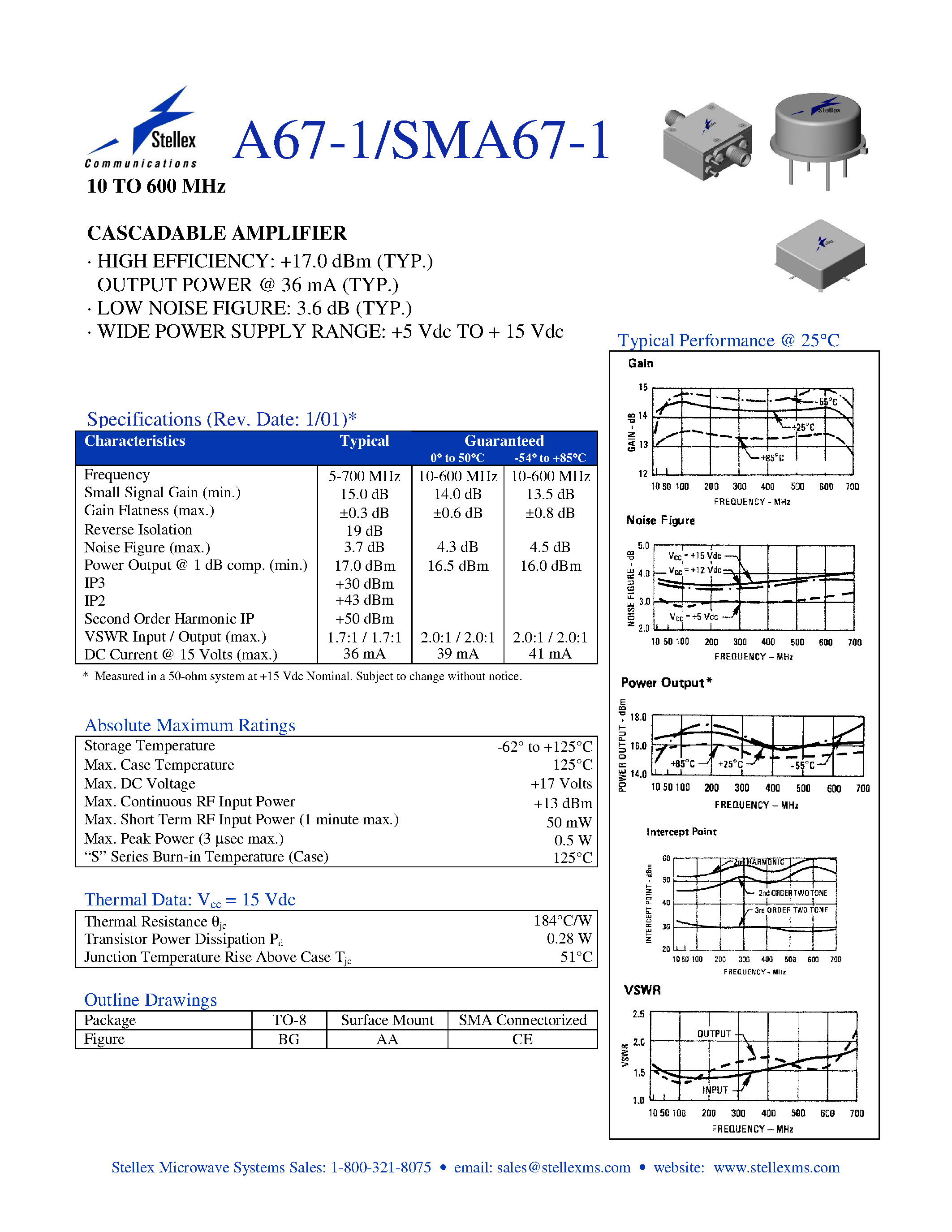 Datasheet SMA67-1 - 10 TO 600 MHz CASCADABLE AMPLIFIER page 1