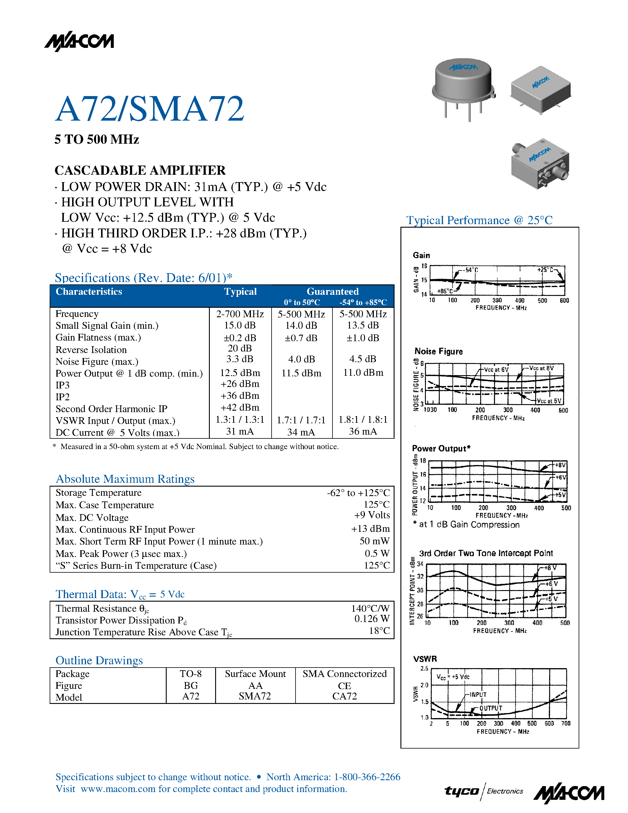 Datasheet SMA72 - 5 TO 500 MHz CASCADABLE AMPLIFIER page 1