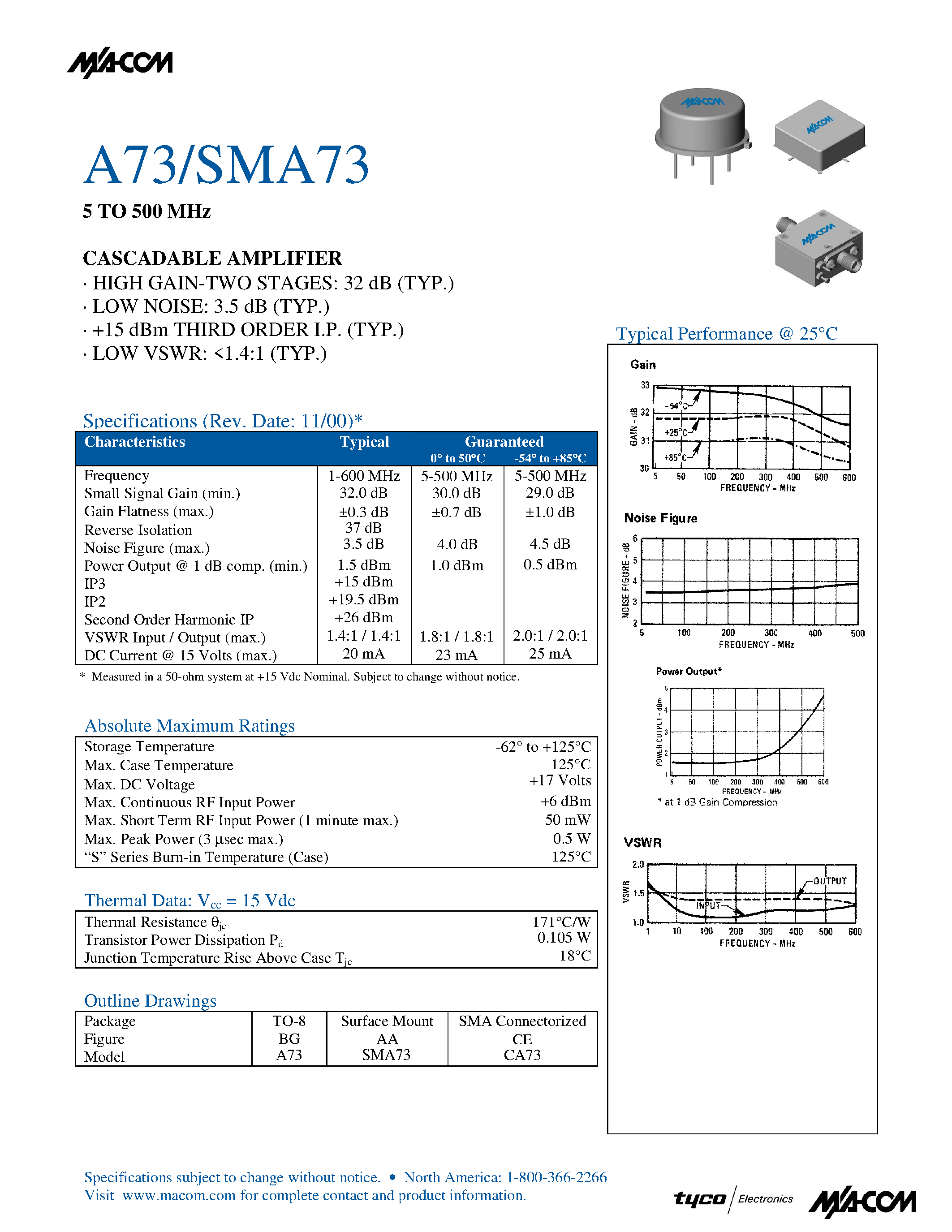 Datasheet SMA73 - 5 TO 500 MHz CASCADABLE AMPLIFIER page 1