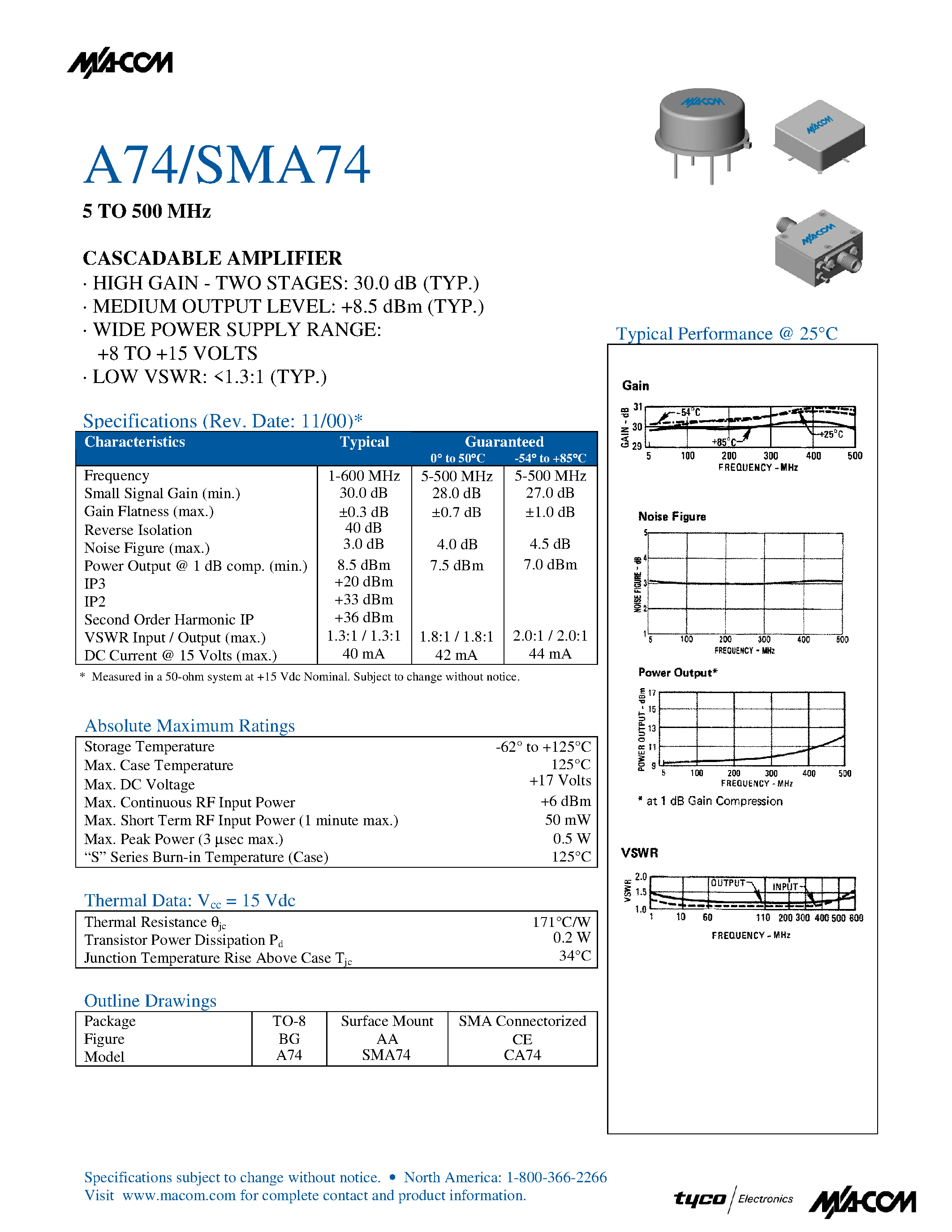 Datasheet SMA74 - 5 TO 500 MHz CASCADABLE AMPLIFIER page 1