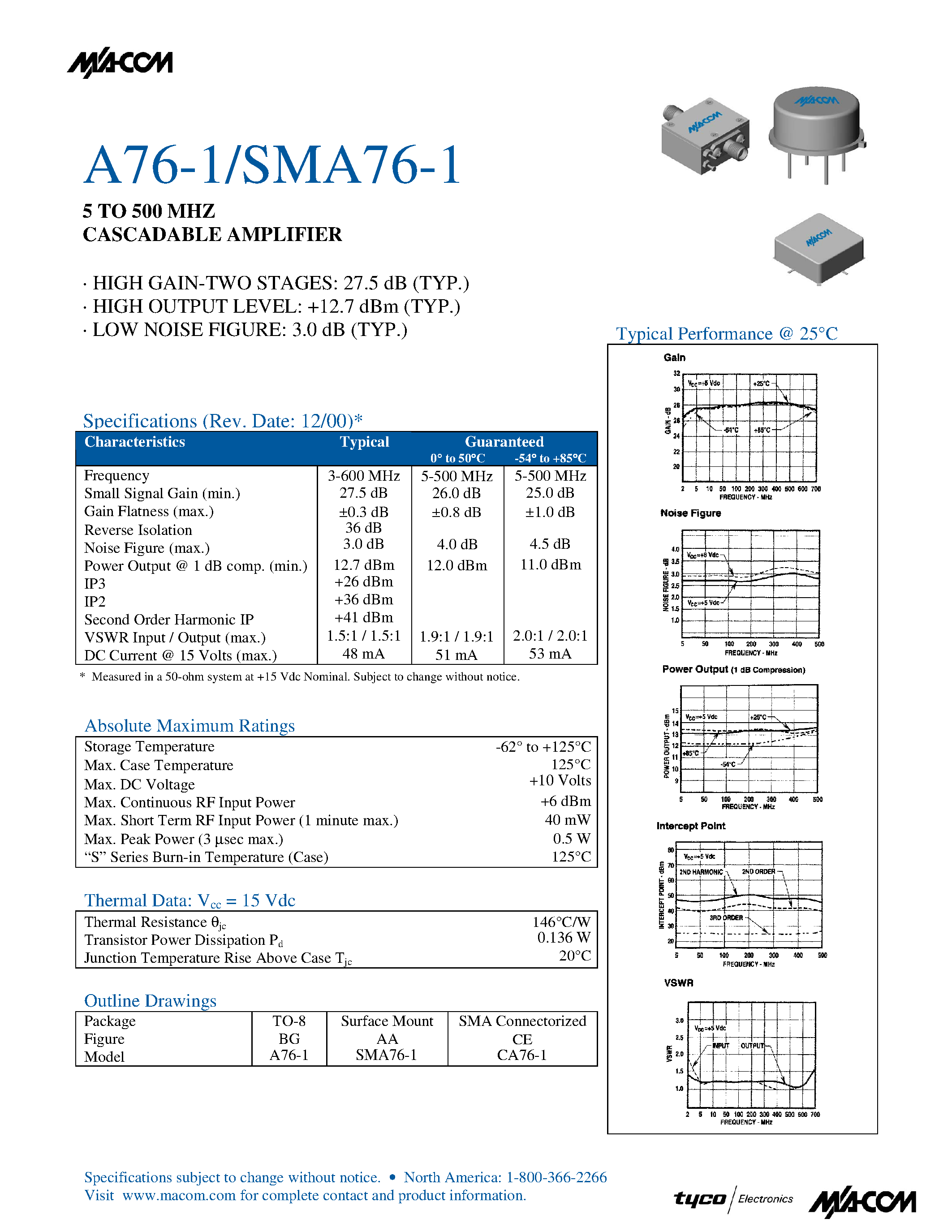Datasheet SMA76-1 - 5 TO 500 MHZ CASCADABLE AMPLIFIER page 1