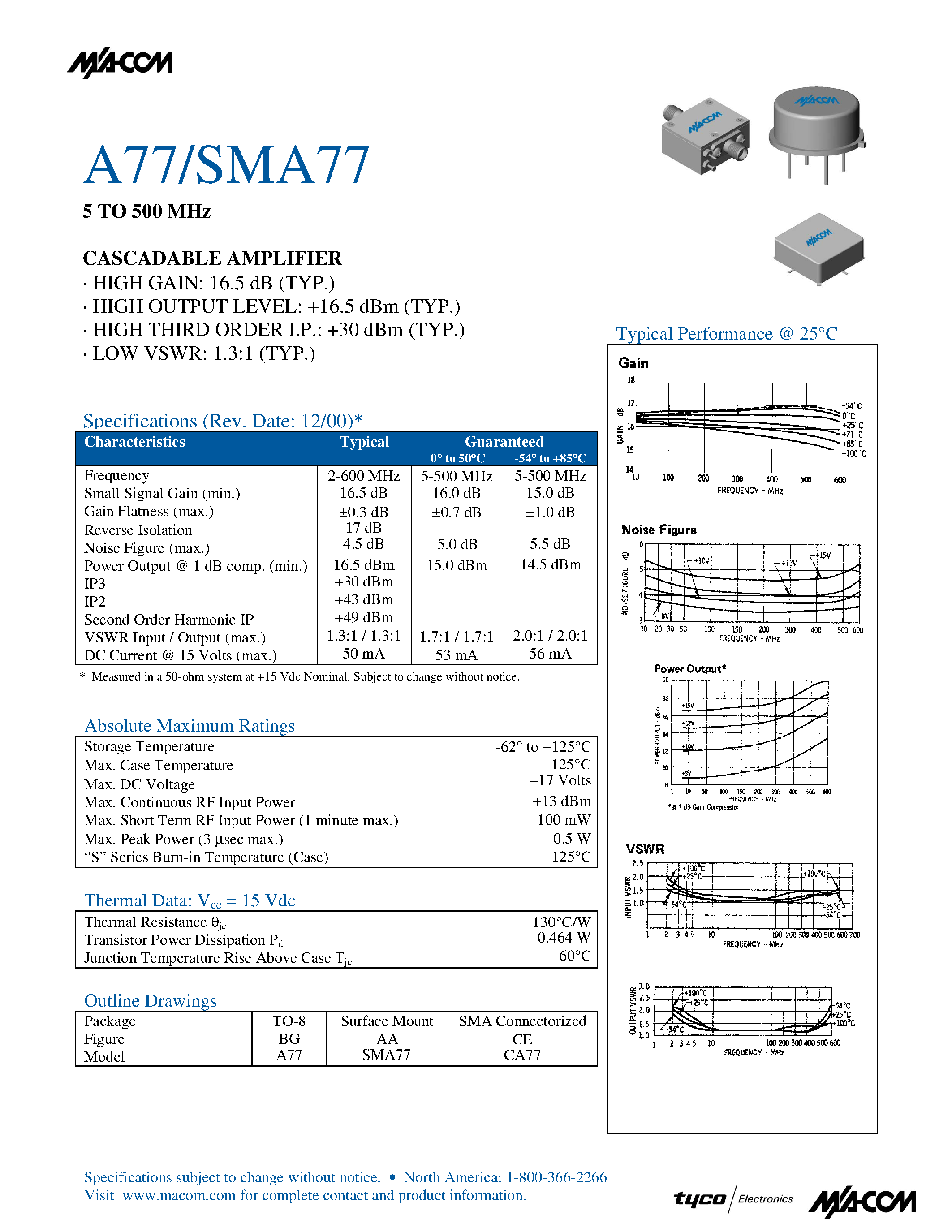 Datasheet SMA77 page 1 Datasheet SMA77 - 5 TO 500 MHz CASCADABLE AMPLIFIER page 1
