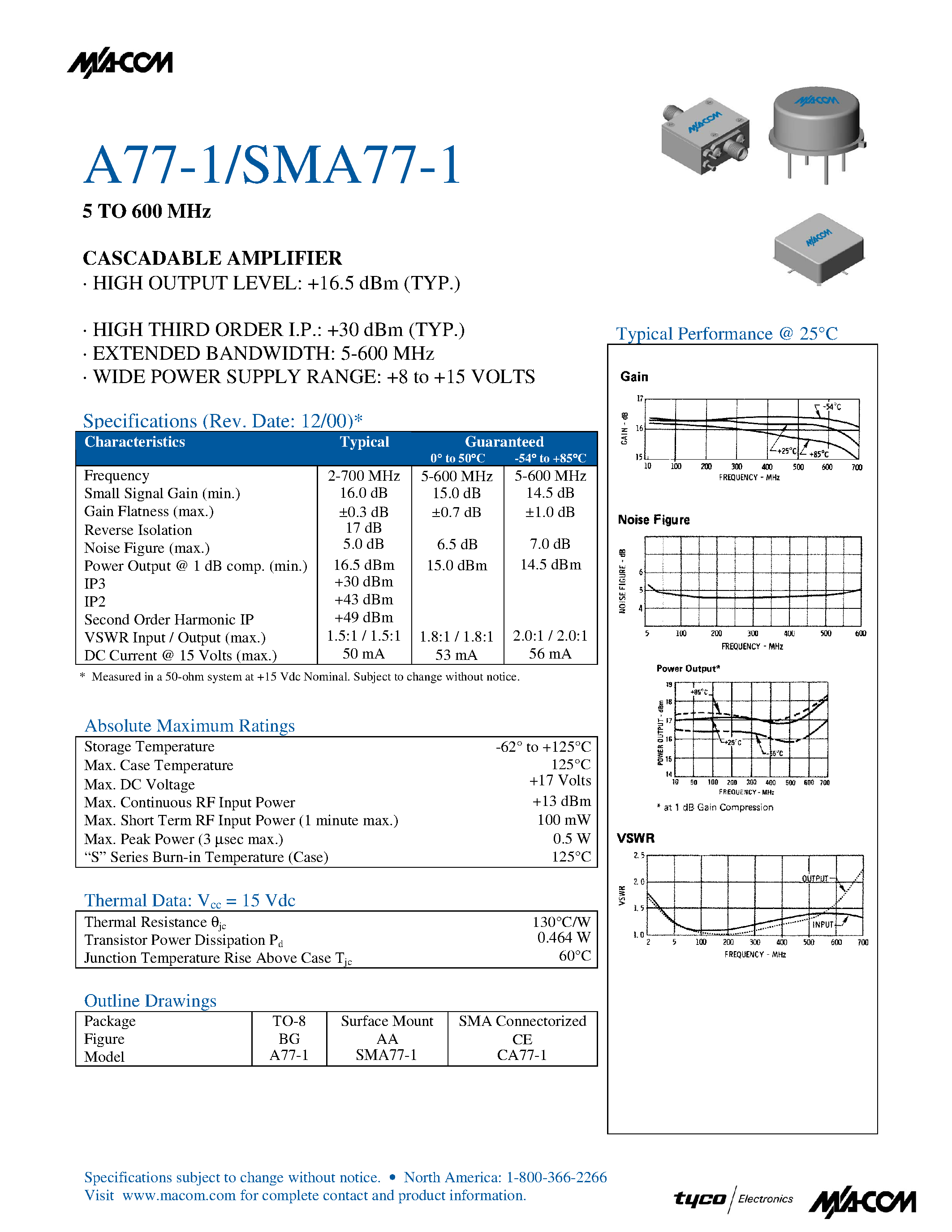 Datasheet SMA77-1 - 5 TO 600 MHz CASCADABLE AMPLIFIER page 1
