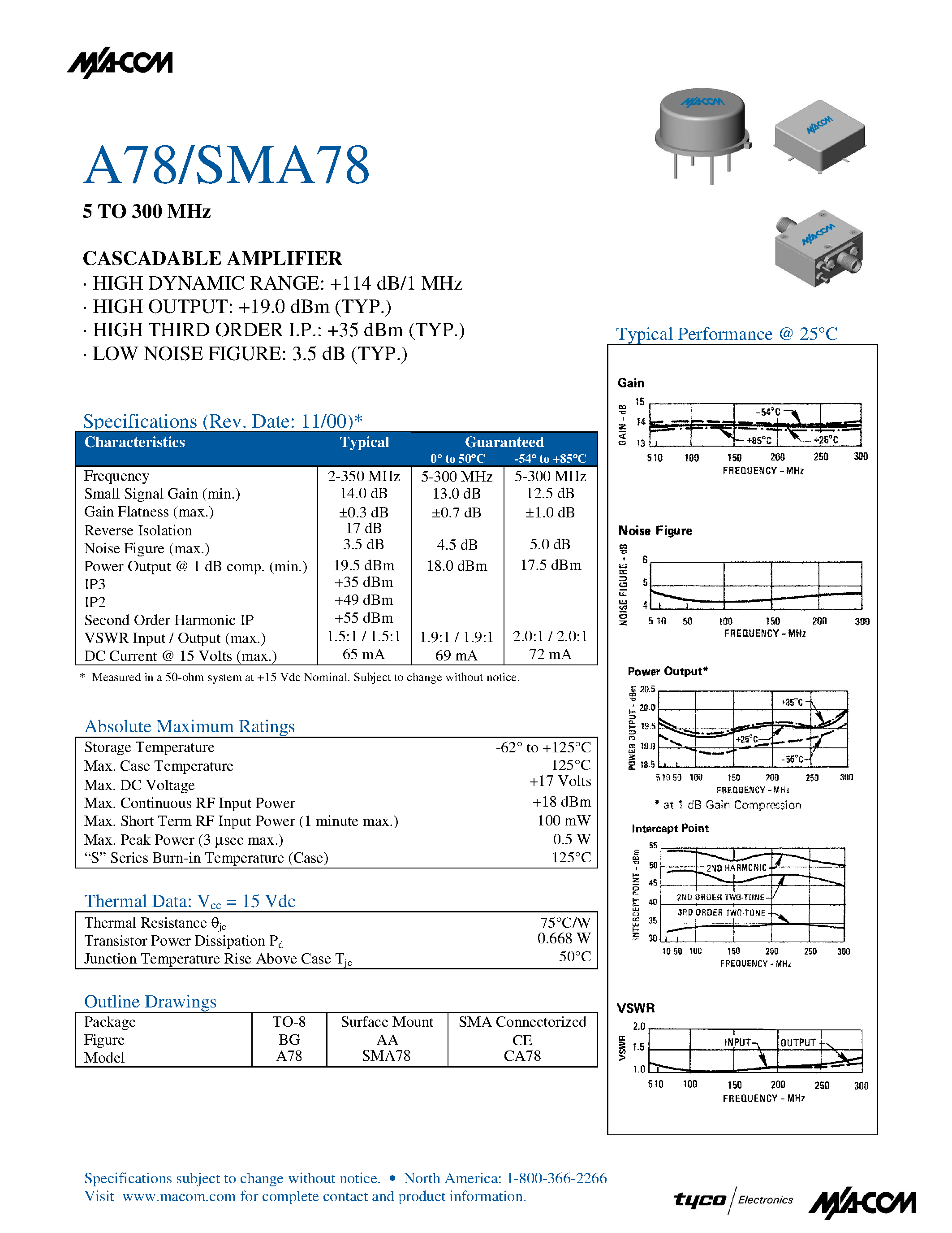 Datasheet SMA78 - 5 TO 300 MHz CASCADABLE AMPLIFIER page 1