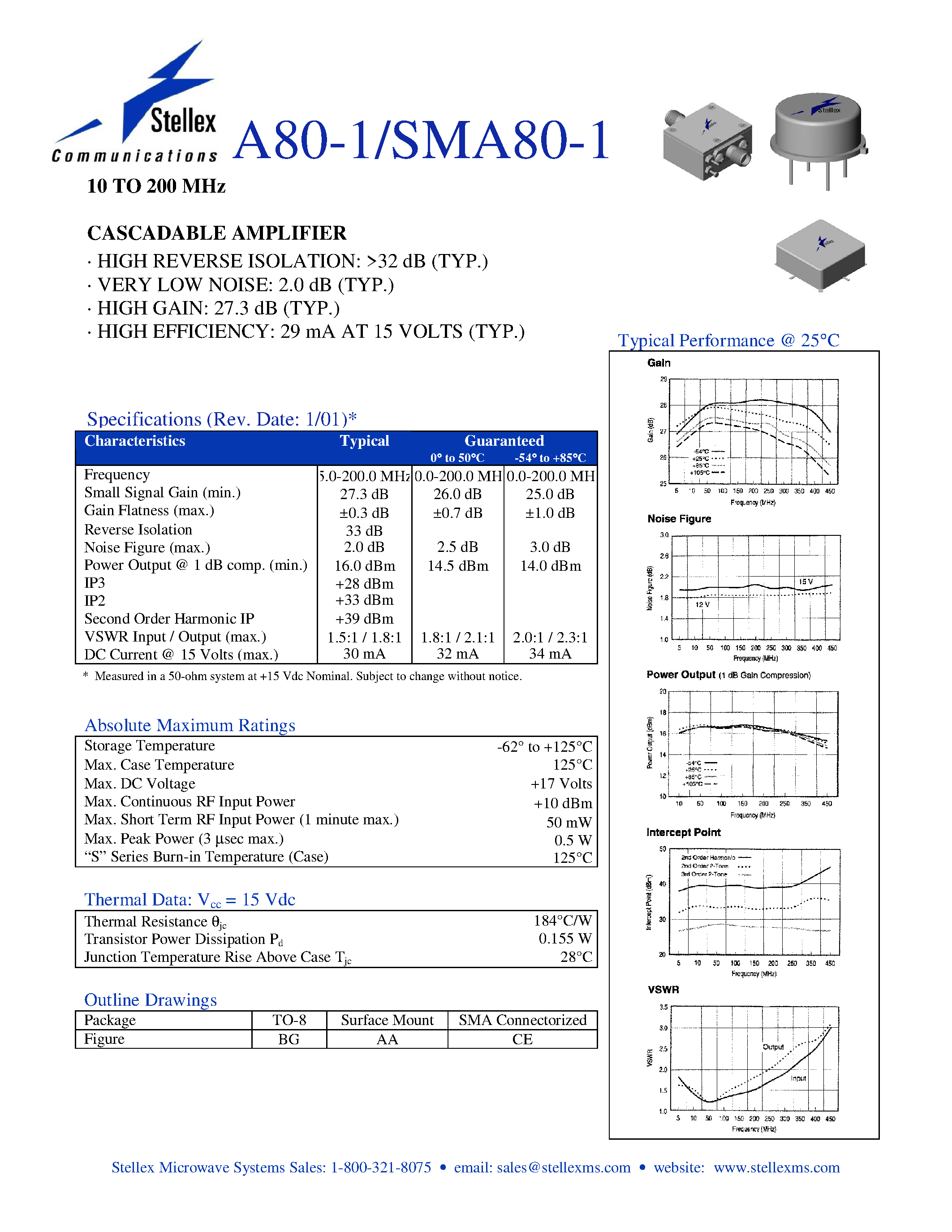 Datasheet SMA80-1 - 10 TO 200 MHz CASCADABLE AMPLIFIER page 1
