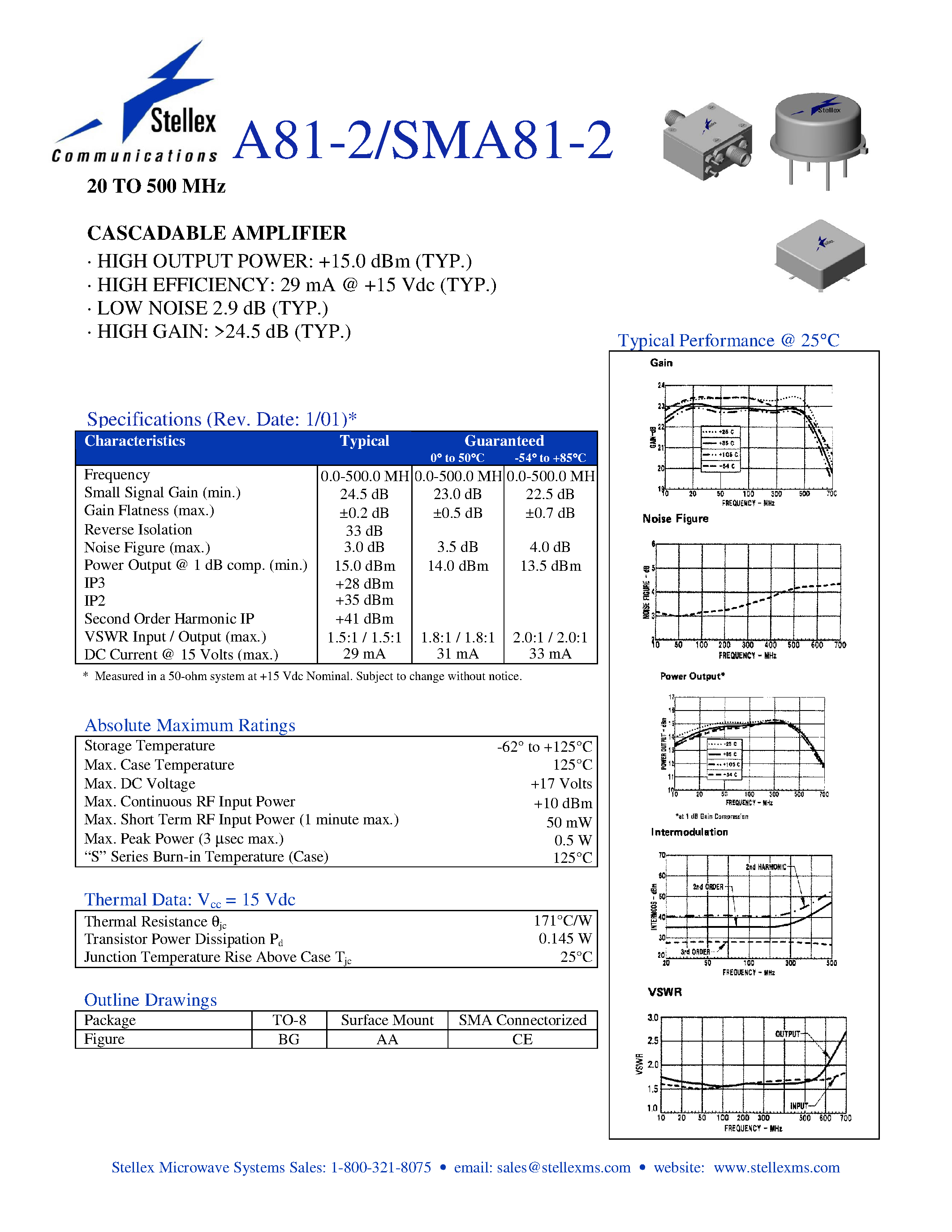 Datasheet SMA81-2 - 20 TO 500 MHz CASCADABLE AMPLIFIER page 1