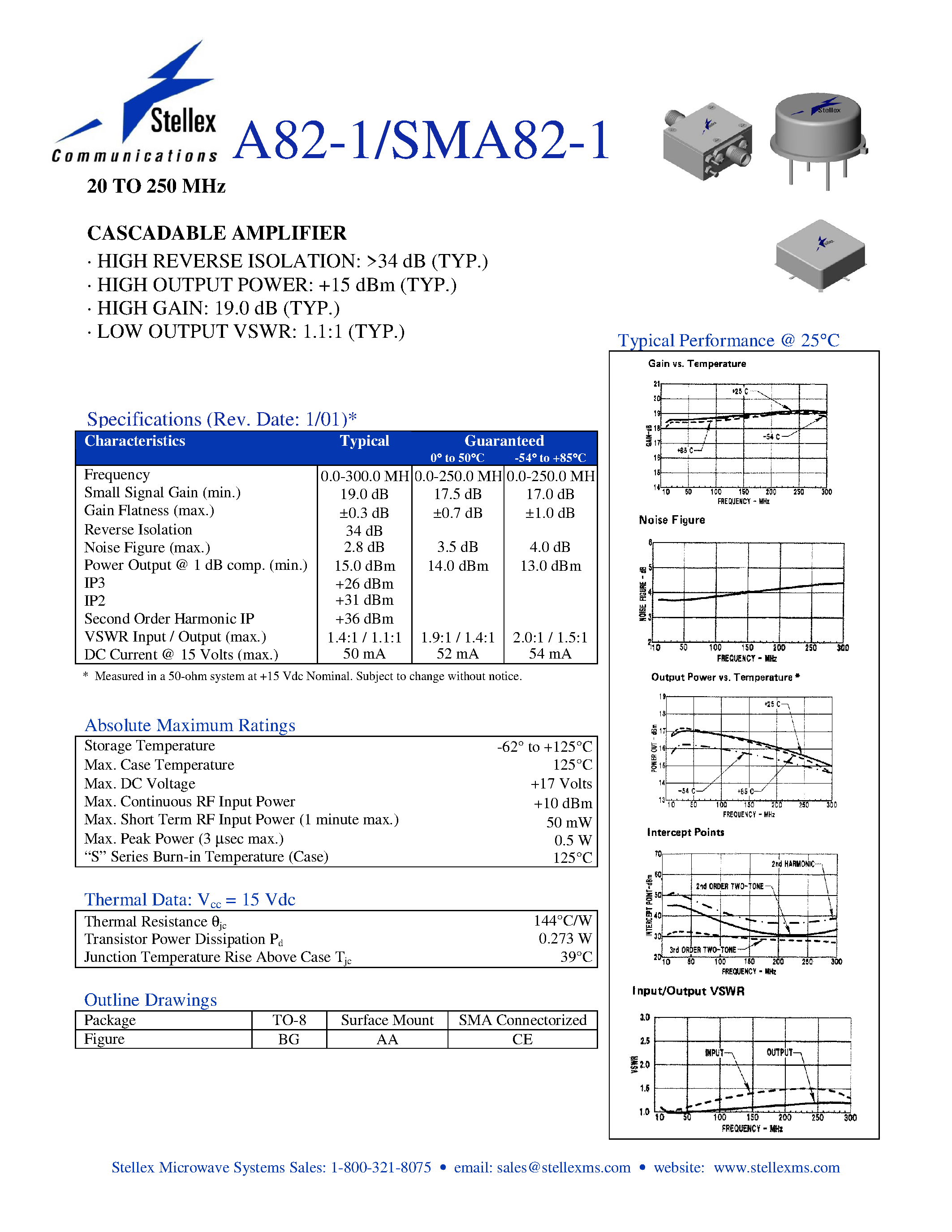 Datasheet SMA82-1 page 1 Datasheet SMA82-1 - 20 TO 250 MHz CASCADABLE AMPLIFIER page 1