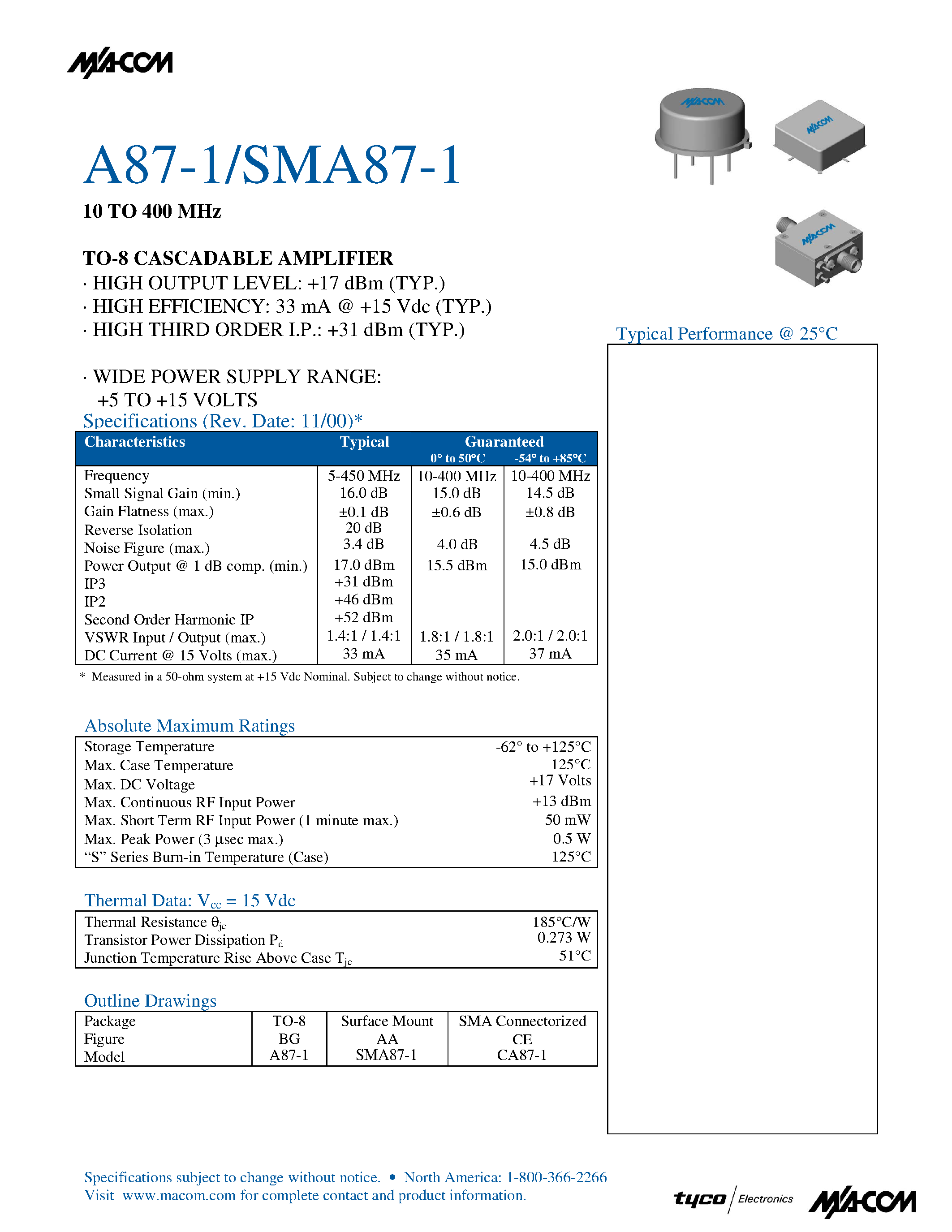 Даташит SMA87-1 - 10 TO 400 MHz TO-8 CASCADABLE AMPLIFIER страница 1