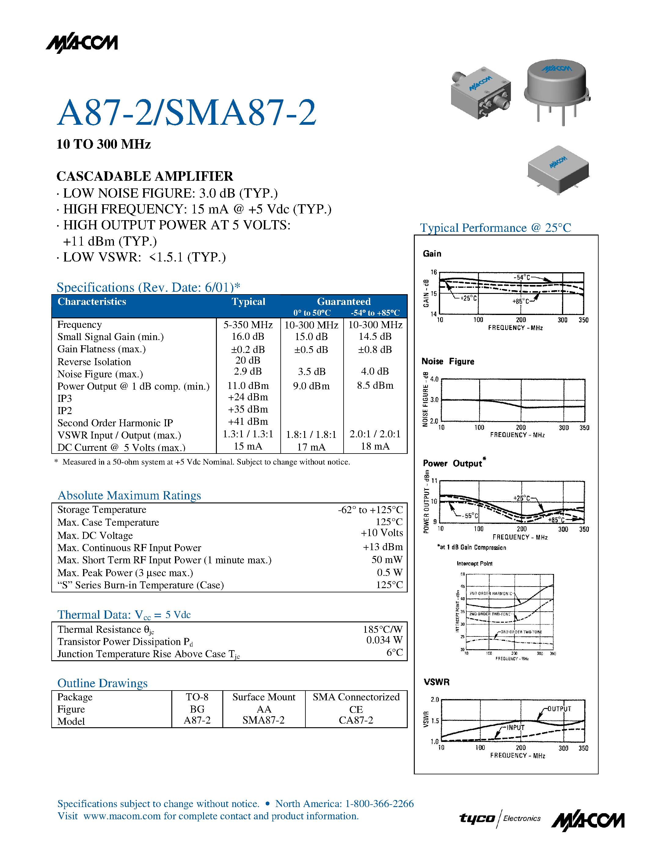 Datasheet SMA87-2 - 10 TO 300 MHz CASCADABLE AMPLIFIER page 1