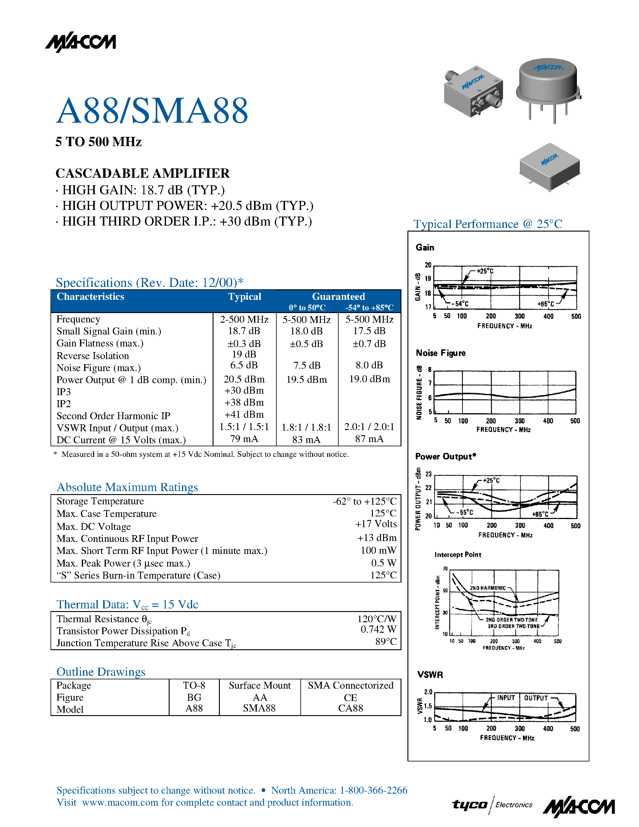 Datasheet SMA88 page 1 Datasheet SMA88 - 5 TO 500 MHz CASCADABLE AMPLIFIER page 1