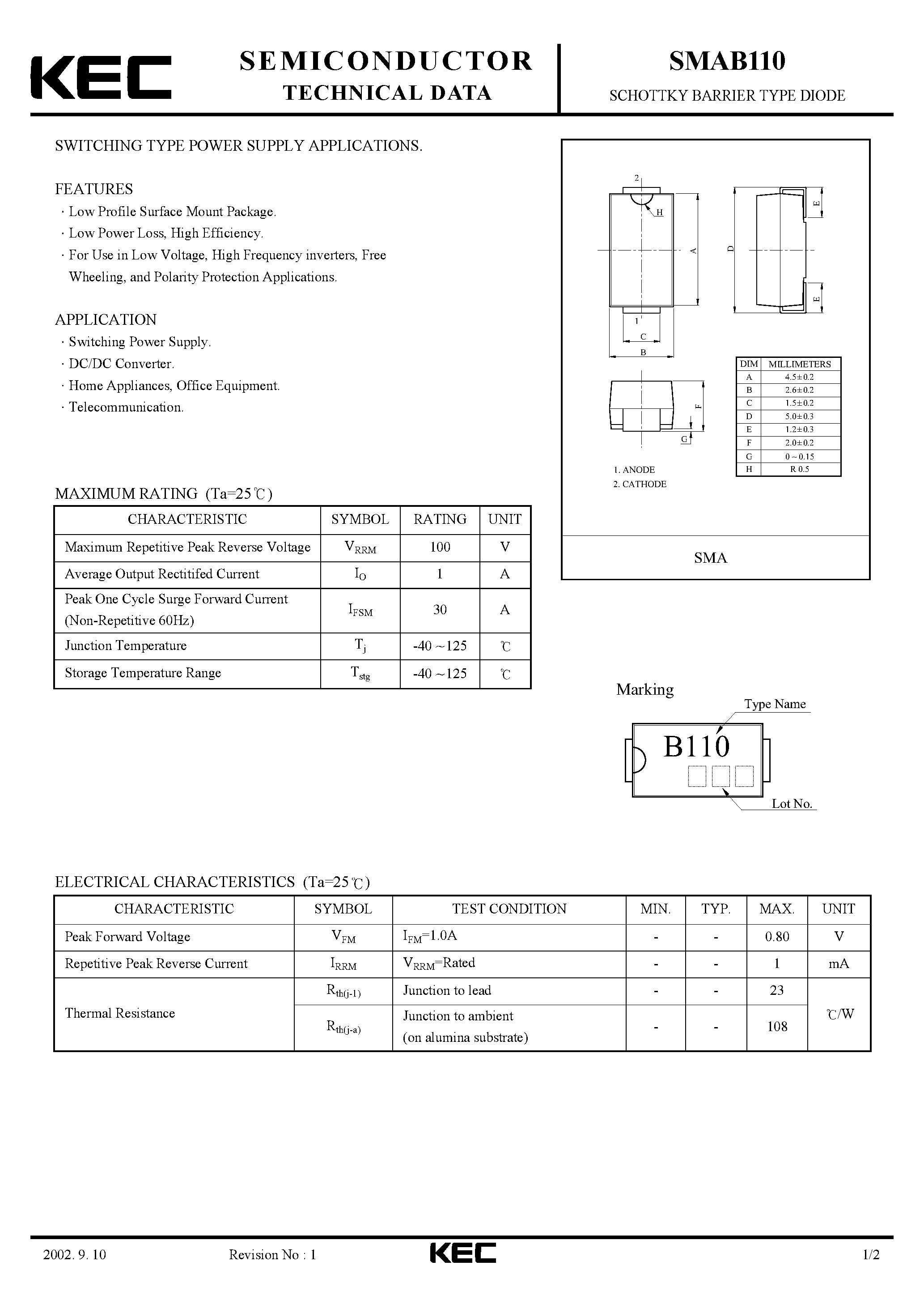 Datasheet SMAB110 - SCHOTTKY BARRIER TYPE DIODE (SWITCHING TYPE POWER SUPPLY APPLICATIONS) page 1