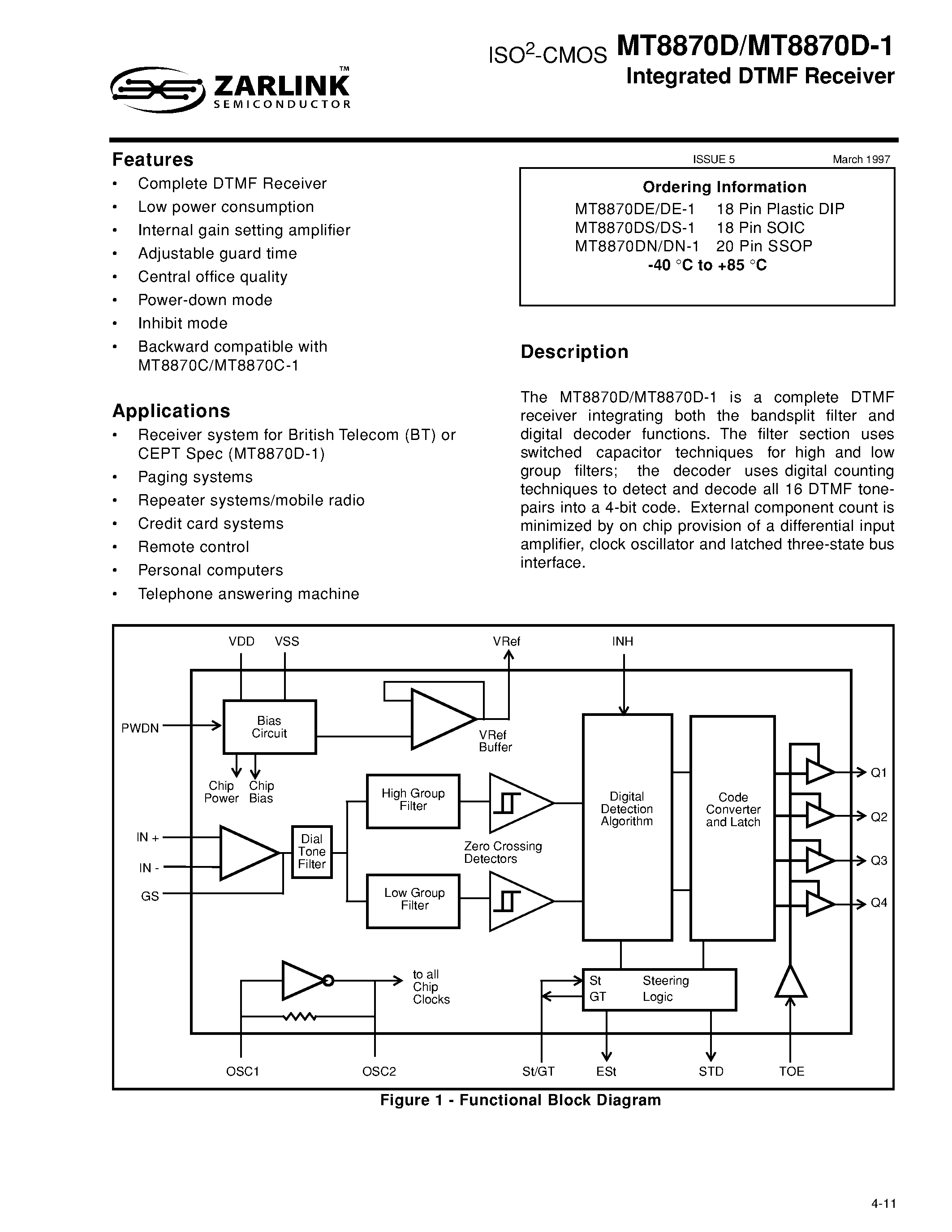 Даташит на микросхему MT8870 страница 1 Даташит MT8870 - Integrated DTMF Receiver страница 1