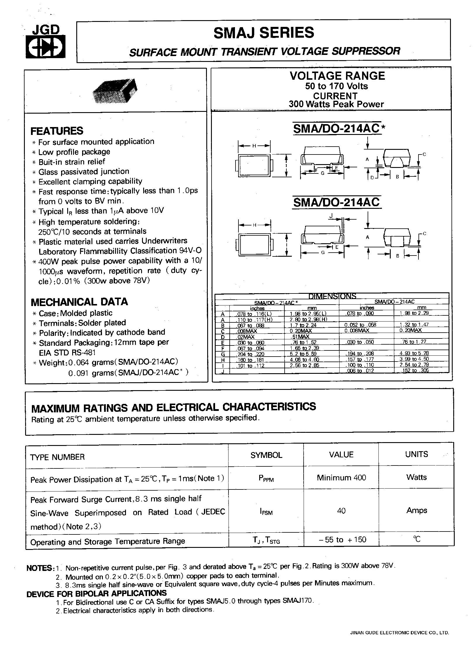 Datasheet SMAJ7.0 - SURFACE MOUNT TRANSIENT VOLTAGE SUPPRESSOR page 1