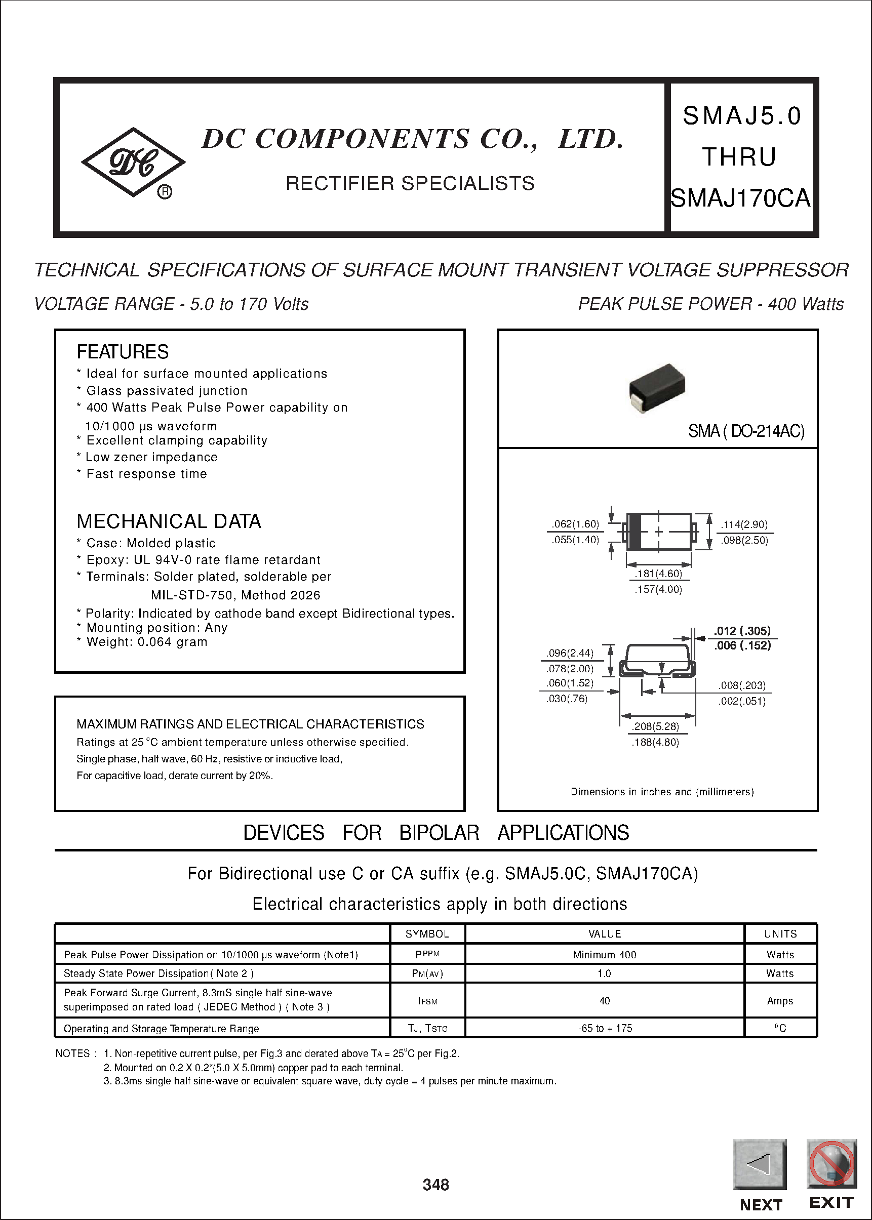 Datasheet SMAJ8.0 (dc) - TECHNICAL SPECIFICATIONS OF SURFACE MOUNT TRANSIENT VOLTAGE SUPPRESSOR page 1