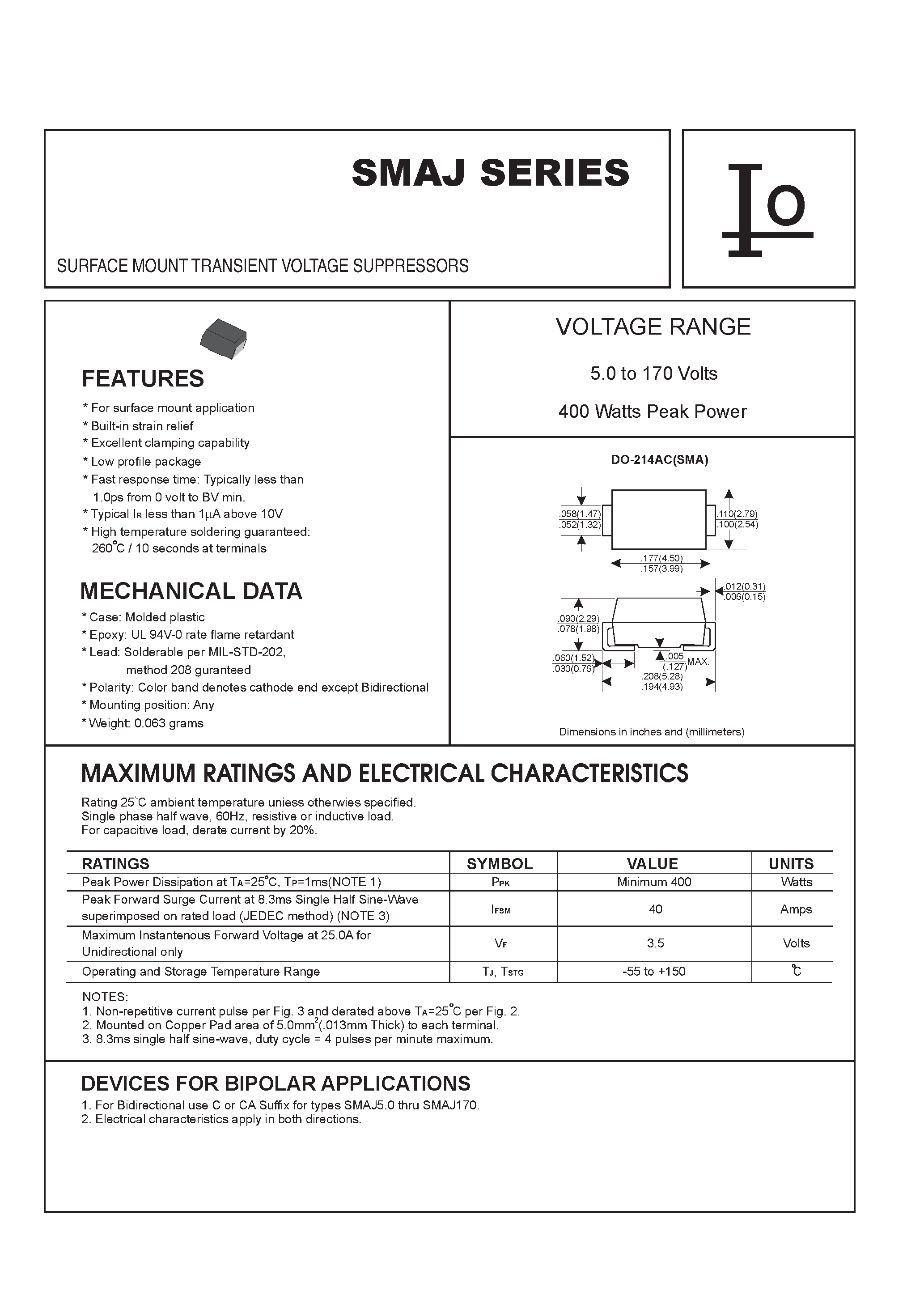 Datasheet SMAJ8.5 - SURFACE MOUNT TRANSIENT VOLTAGE SUPPRESSORS page 1