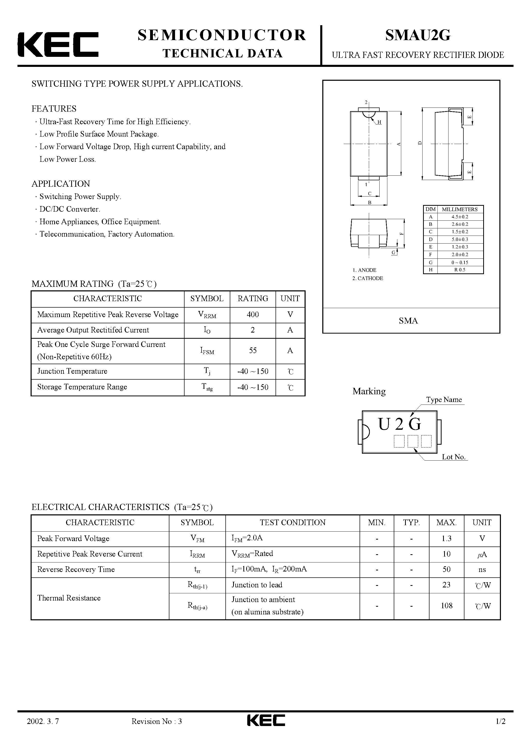 Datasheet SMAU2G - ULTRA FAST RECOVERY RECTIFIER DIODE (SWITCHING TYPE POWER SUPPLY) page 1