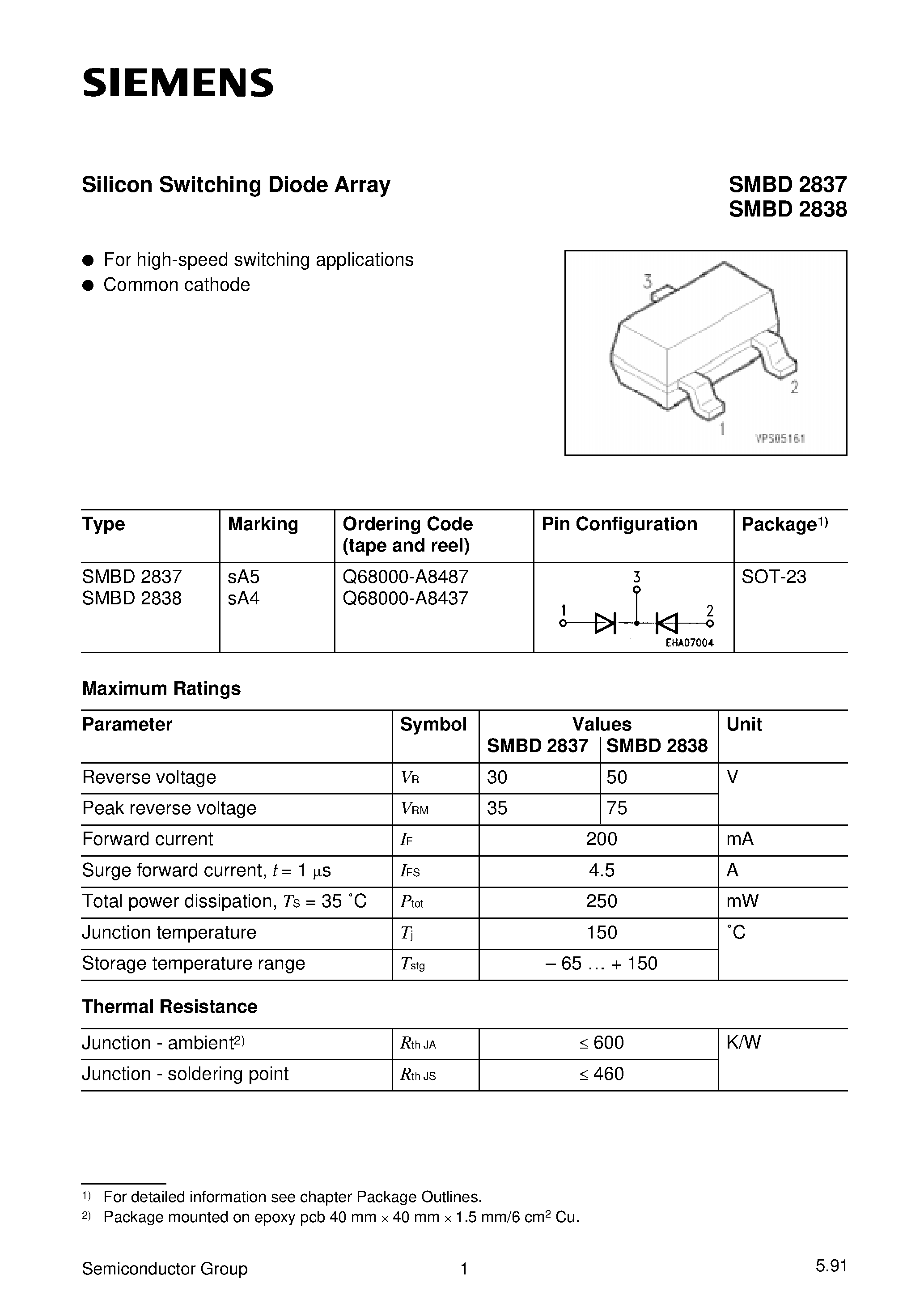 Datasheet SMBD2838 page 1 Datasheet SMBD2838 - Silicon Switching Diode Array page 1