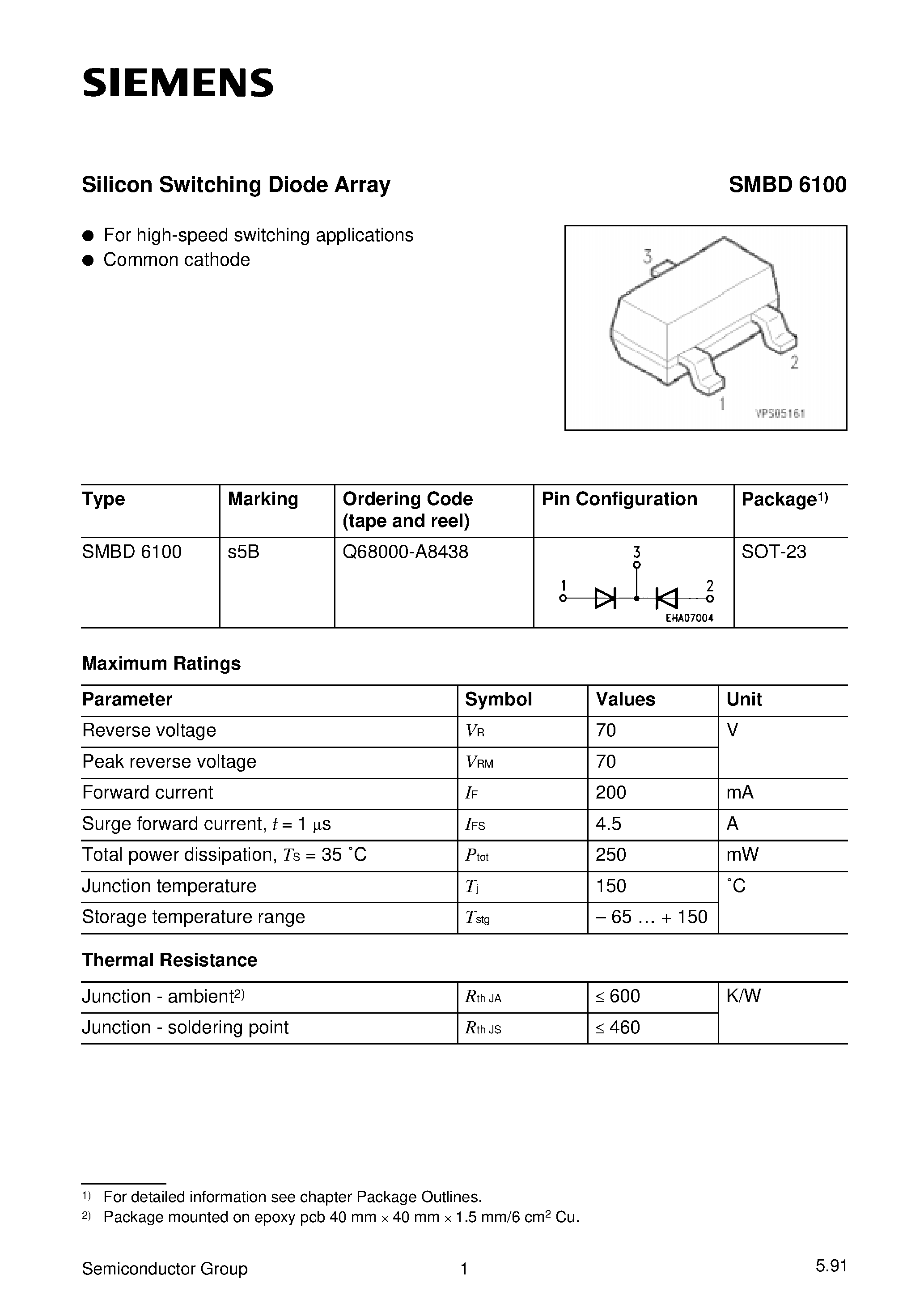 Datasheet SMBD6100 page 1 Datasheet SMBD6100 - Silicon Switching Diode Array page 1