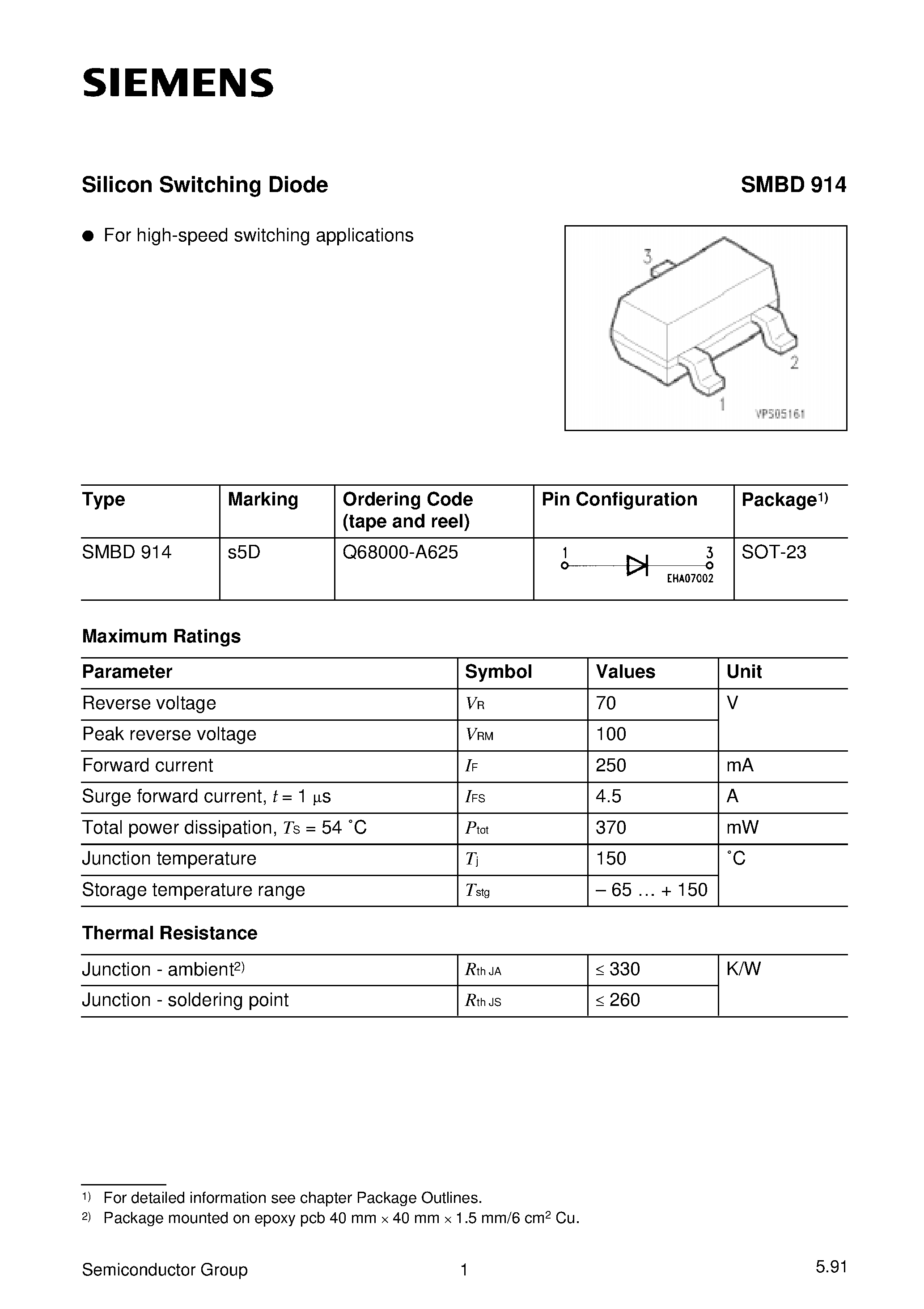 Datasheet SMBD914 page 1 Datasheet SMBD914 - Silicon Switching Diode page 1