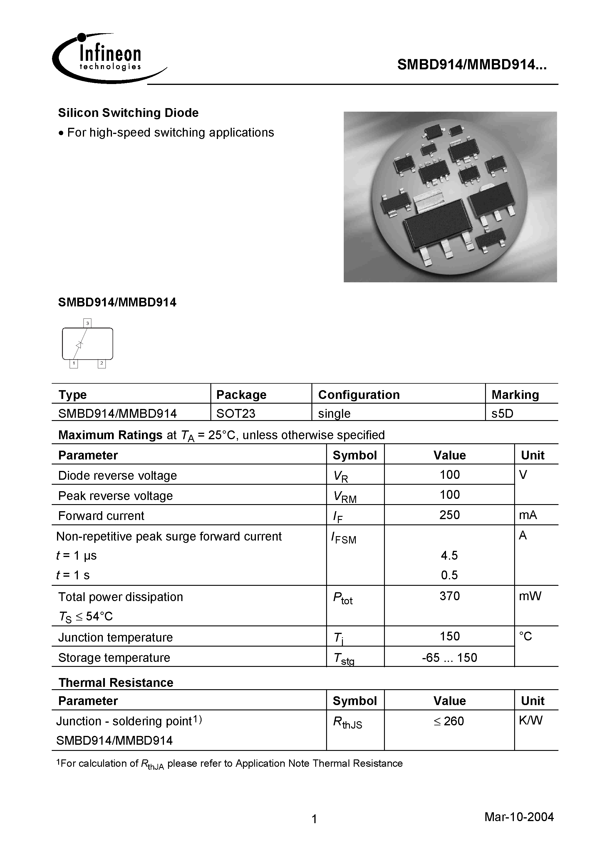 Datasheet SMBD914 page 1 Datasheet SMBD914 - Silicon Switching Diode page 1
