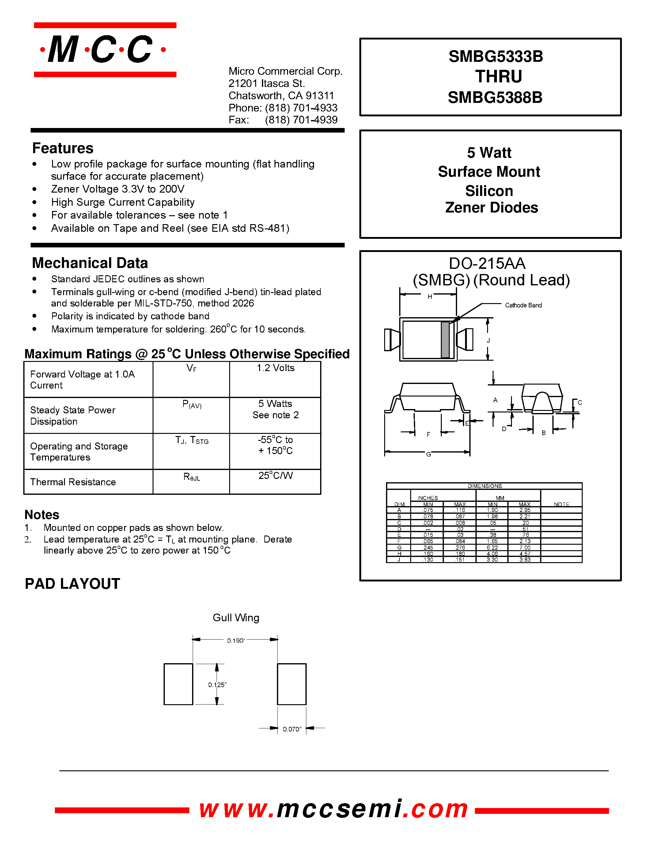 Datasheet SMBG5350B- - 5 Watt Surface Mount Silicon Zener Diodes page 2