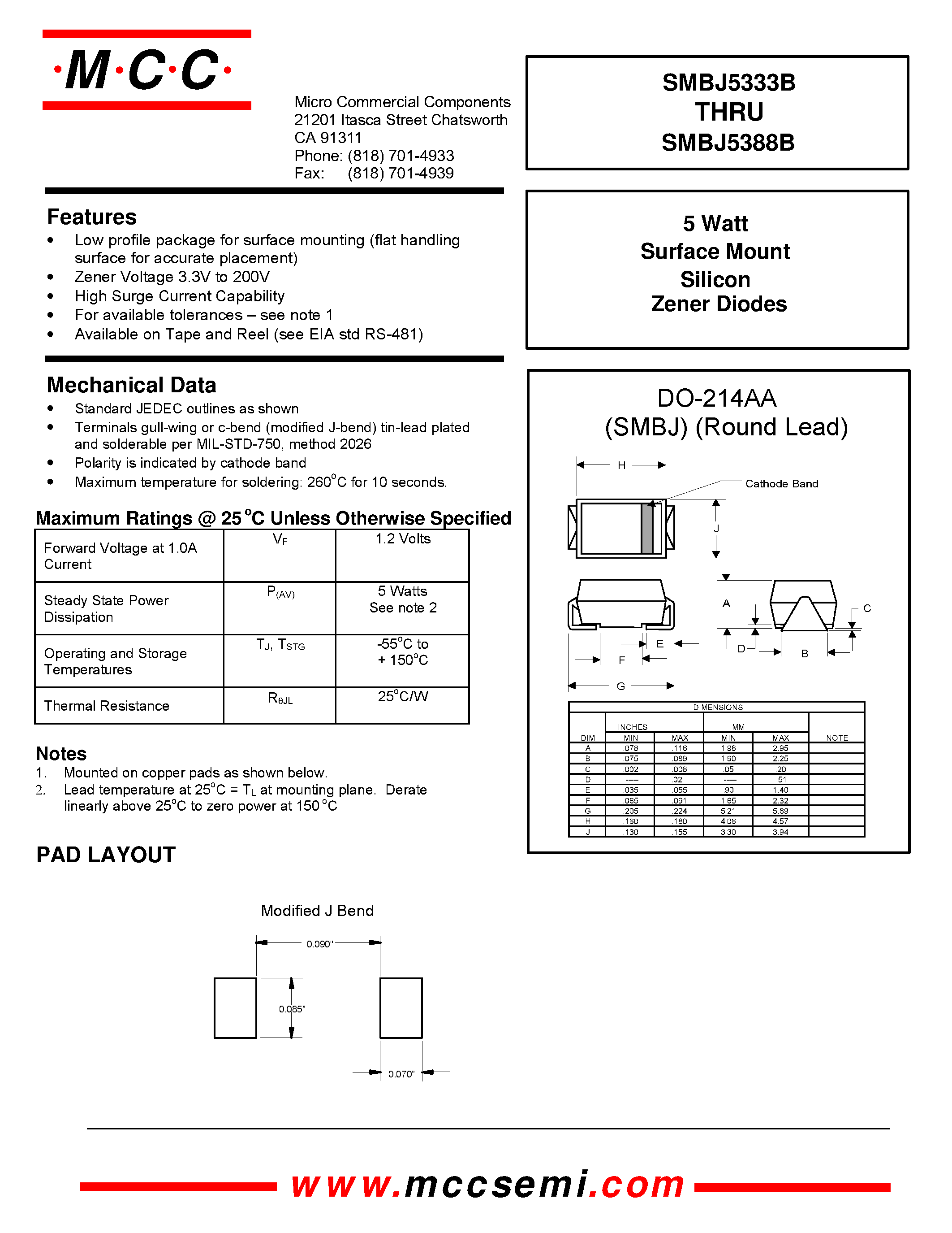 Datasheet SMBG5355B- - 5 Watt Surface Mount Silicon Zener Diodes page 1