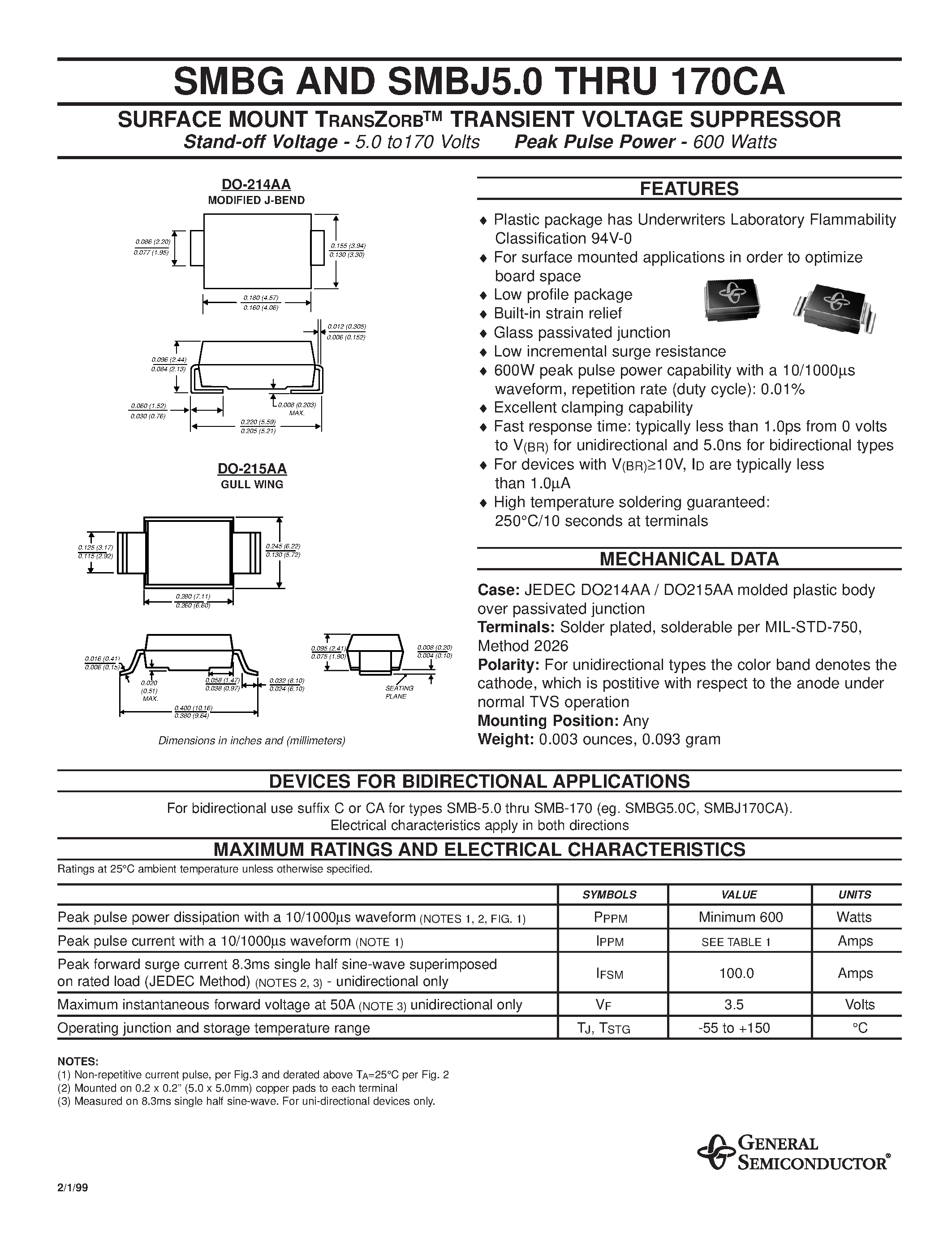 Datasheet SMBG7.5 - SURFACE MOUNT TRANSZORB TRANSIENT VOLTAGE SUPPRESSOR page 1