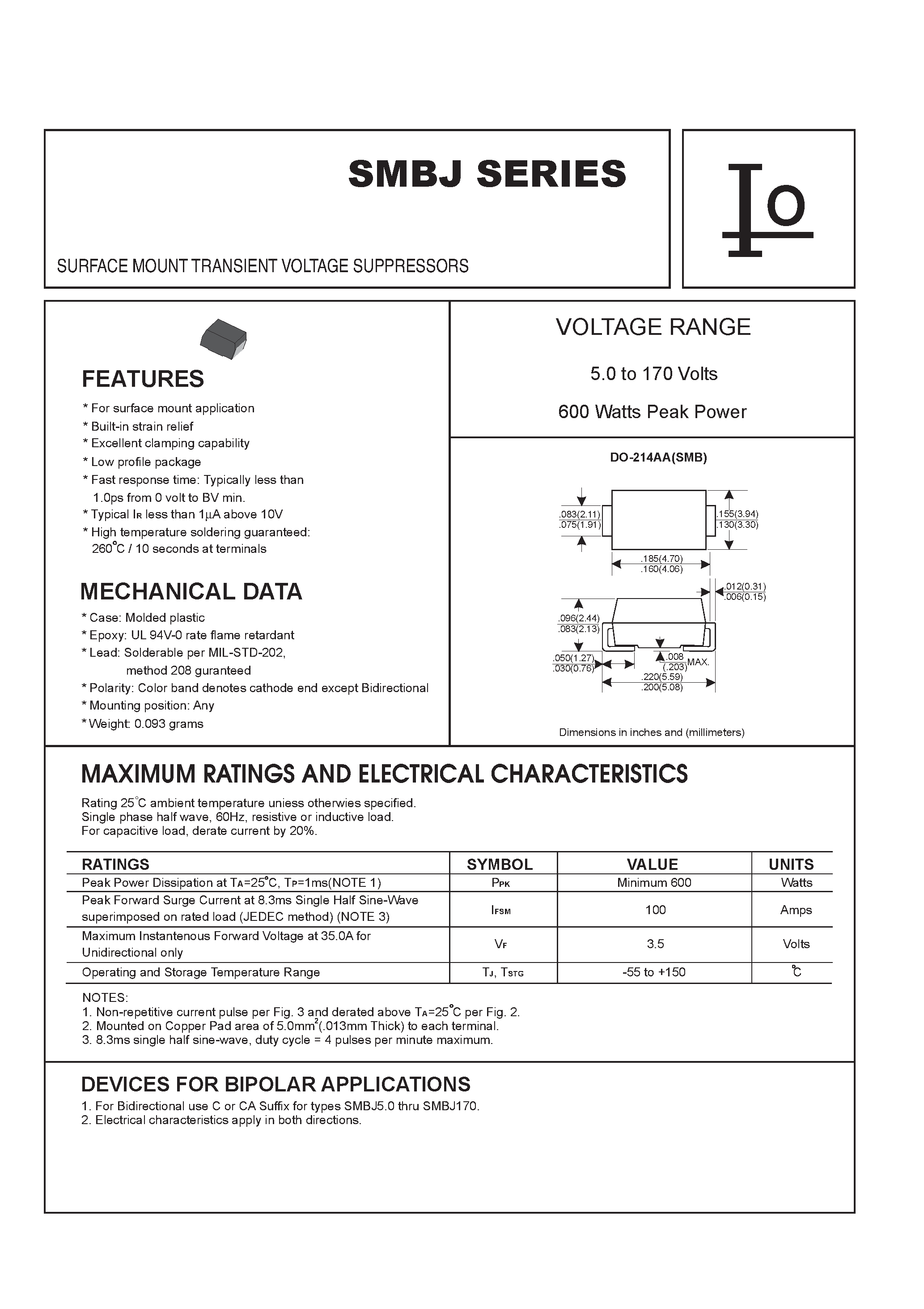 Даташит SMBJ11(C)A - SURFACE MOUNT TRANSIENT VOLTAGE SUPPRESSORS страница 1