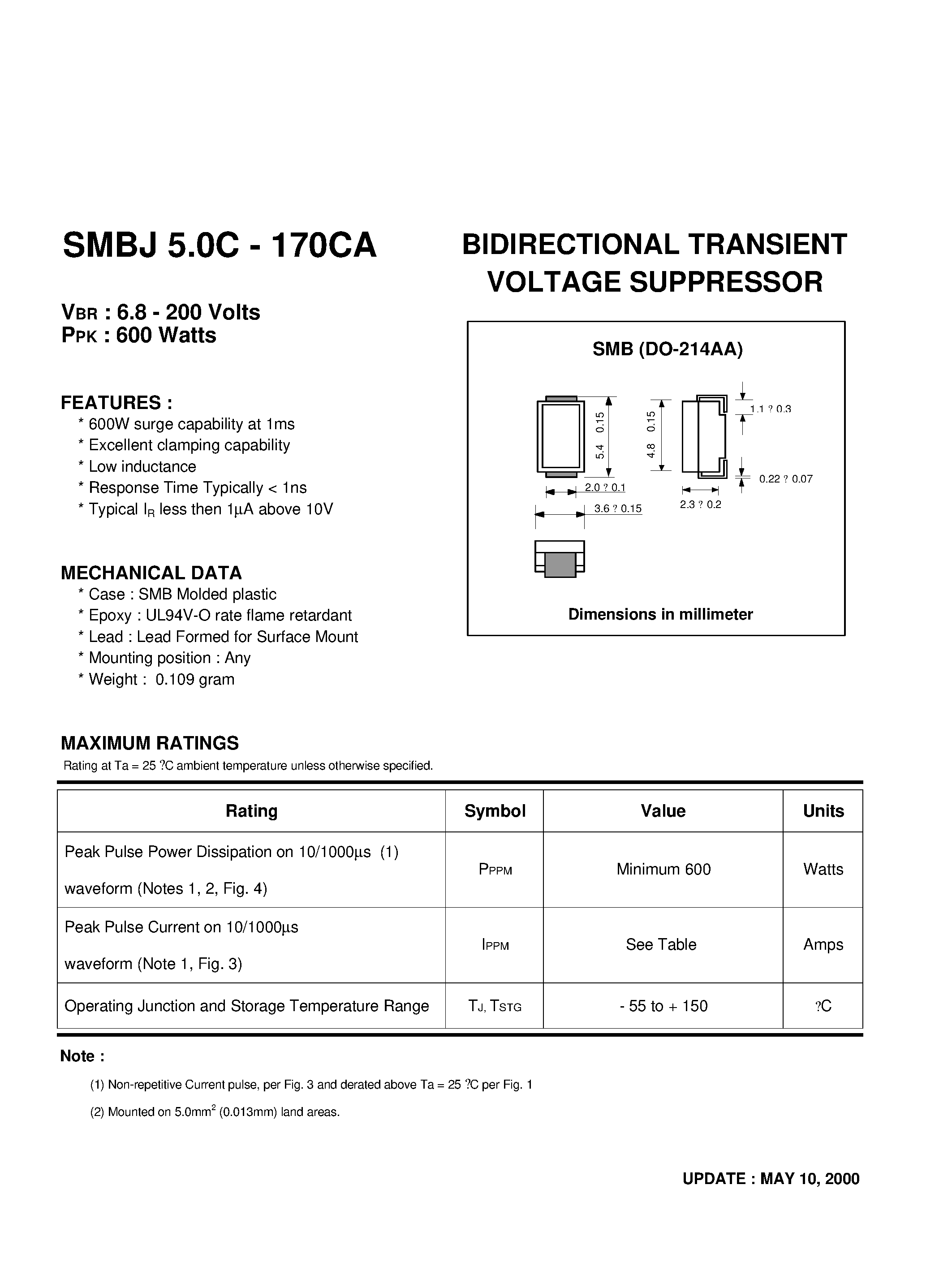 Datasheet SMBJ110C page 1 Datasheet SMBJ110C - BIDIRECTIONAL TRANSIENT VOLTAGE SUPPRESSOR page 1
