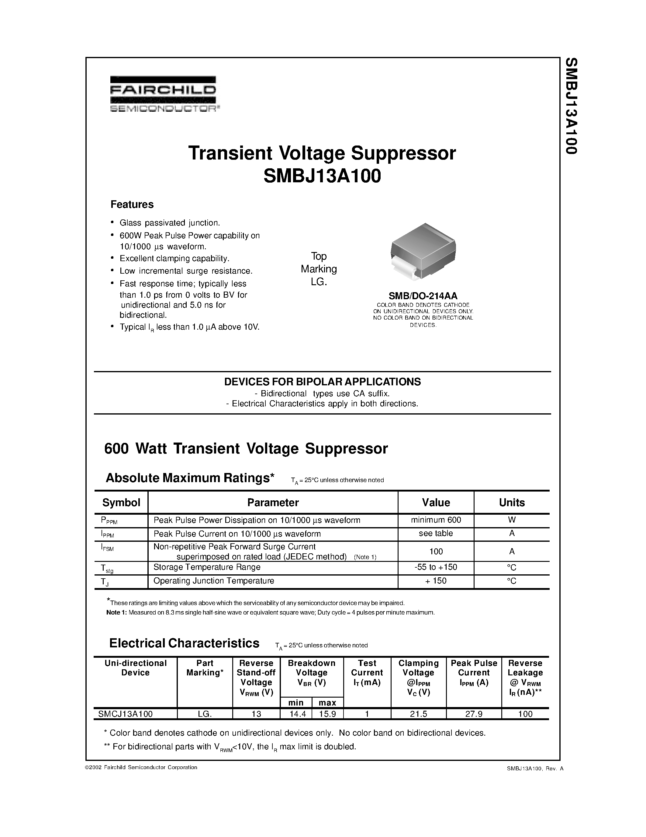 Datasheet SMBJ13A100 - Transient Voltage Suppressor page 1