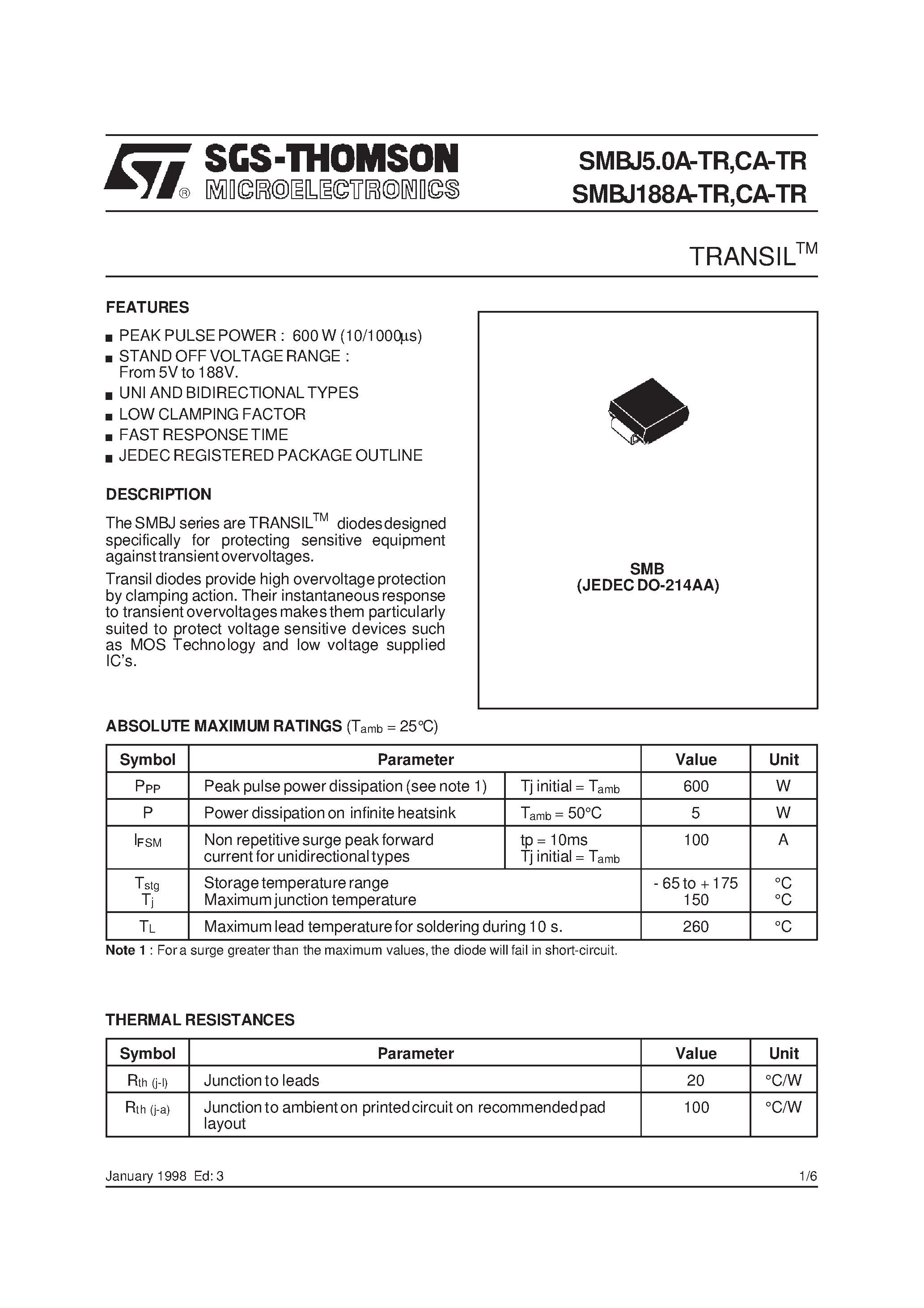Datasheet SMBJ13AC-TR page 1 Datasheet SMBJ13AC-TR - TRANSILTM page 1