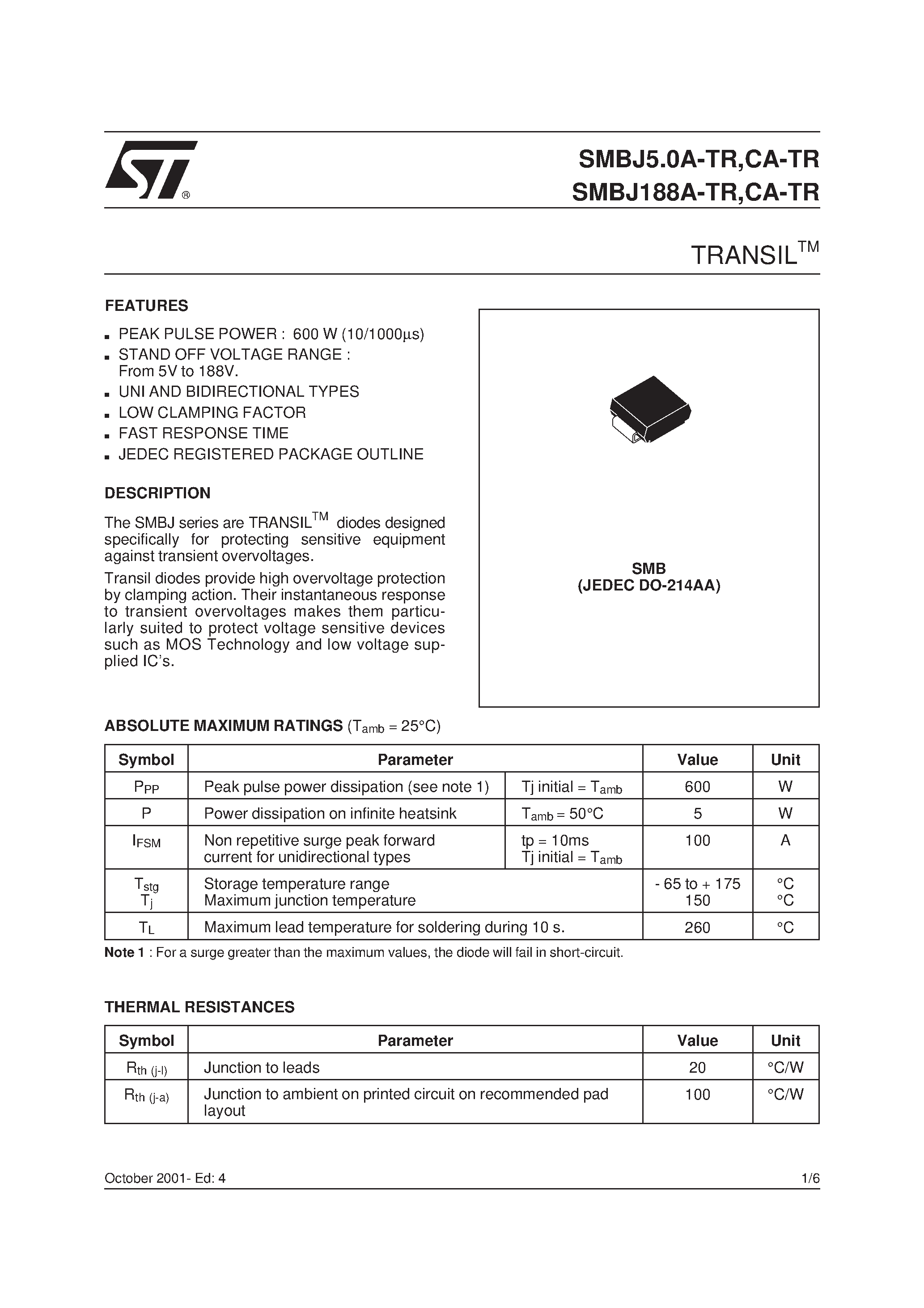 Datasheet SMBJ16CA-TR - TRANSILTM page 1