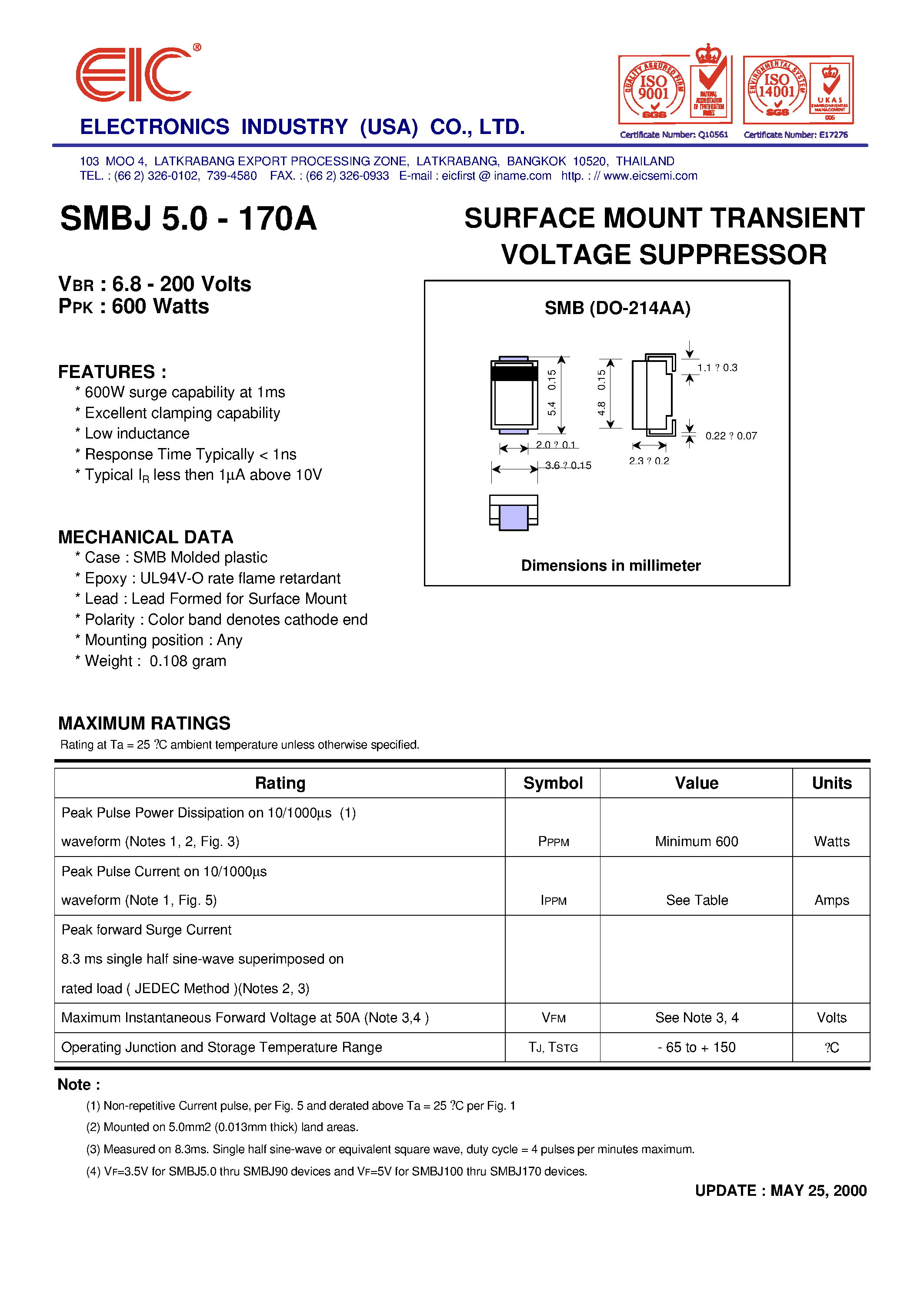 Datasheet SMBJ20 page 1 Datasheet SMBJ20 - SURFACE MOUNT TRANSIENT VOLTAGE SUPPRESSOR page 1