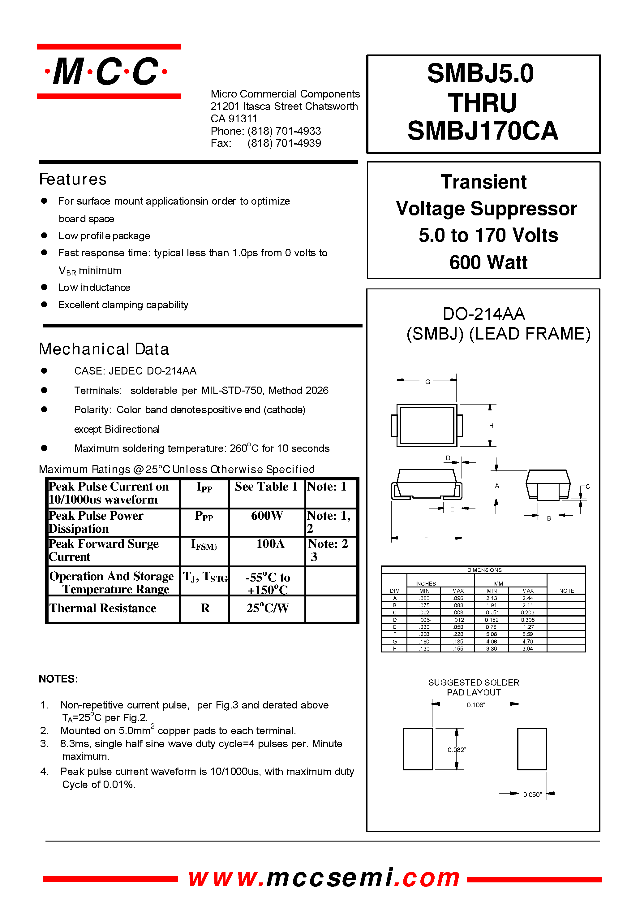 Datasheet SMBJ22 - Transient Voltage Suppressor 5.0 to 170 Volts 600 Watt page 1
