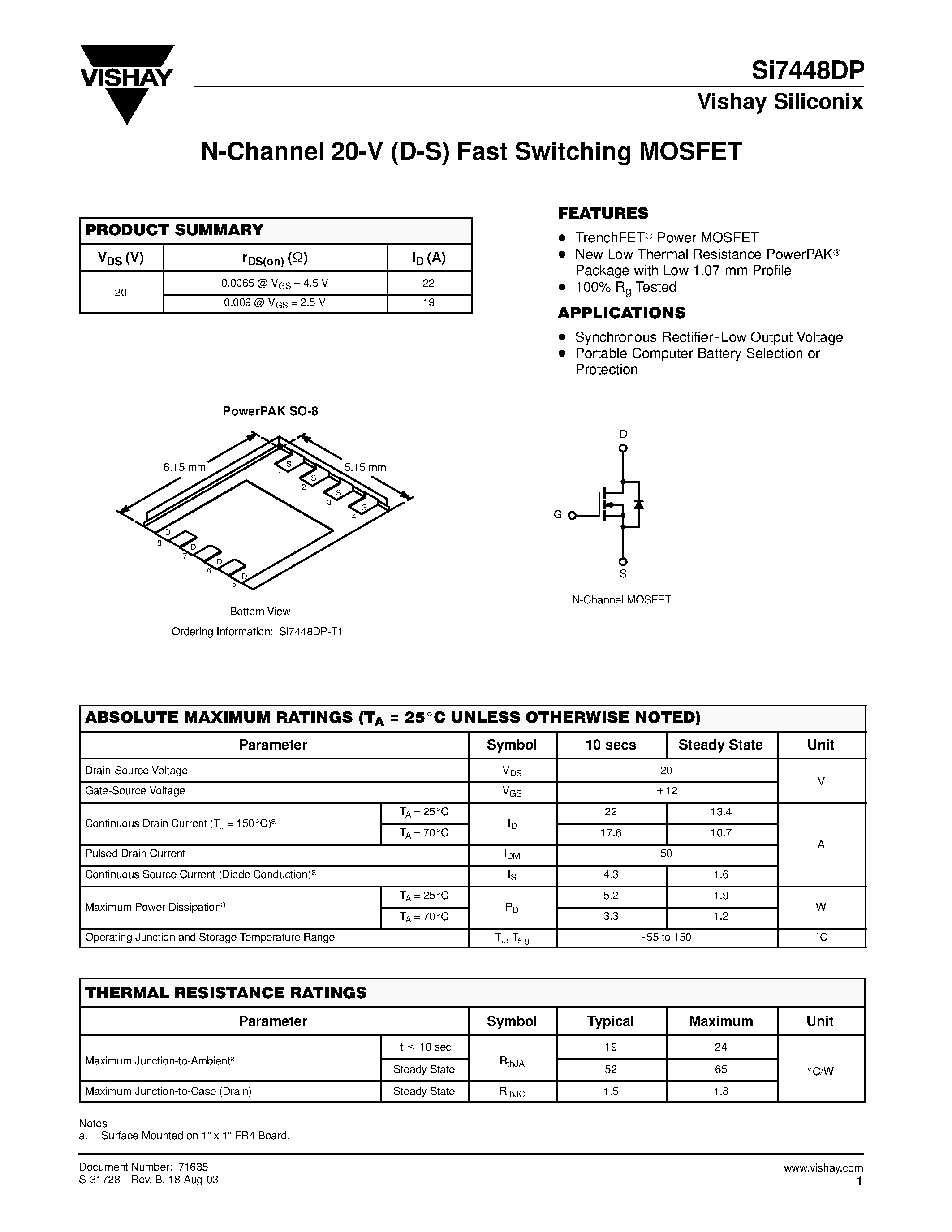 Даташит SI7448DP-T1 - N-Channel 20-V (D-S) Fast Switching MOSFET страница 1