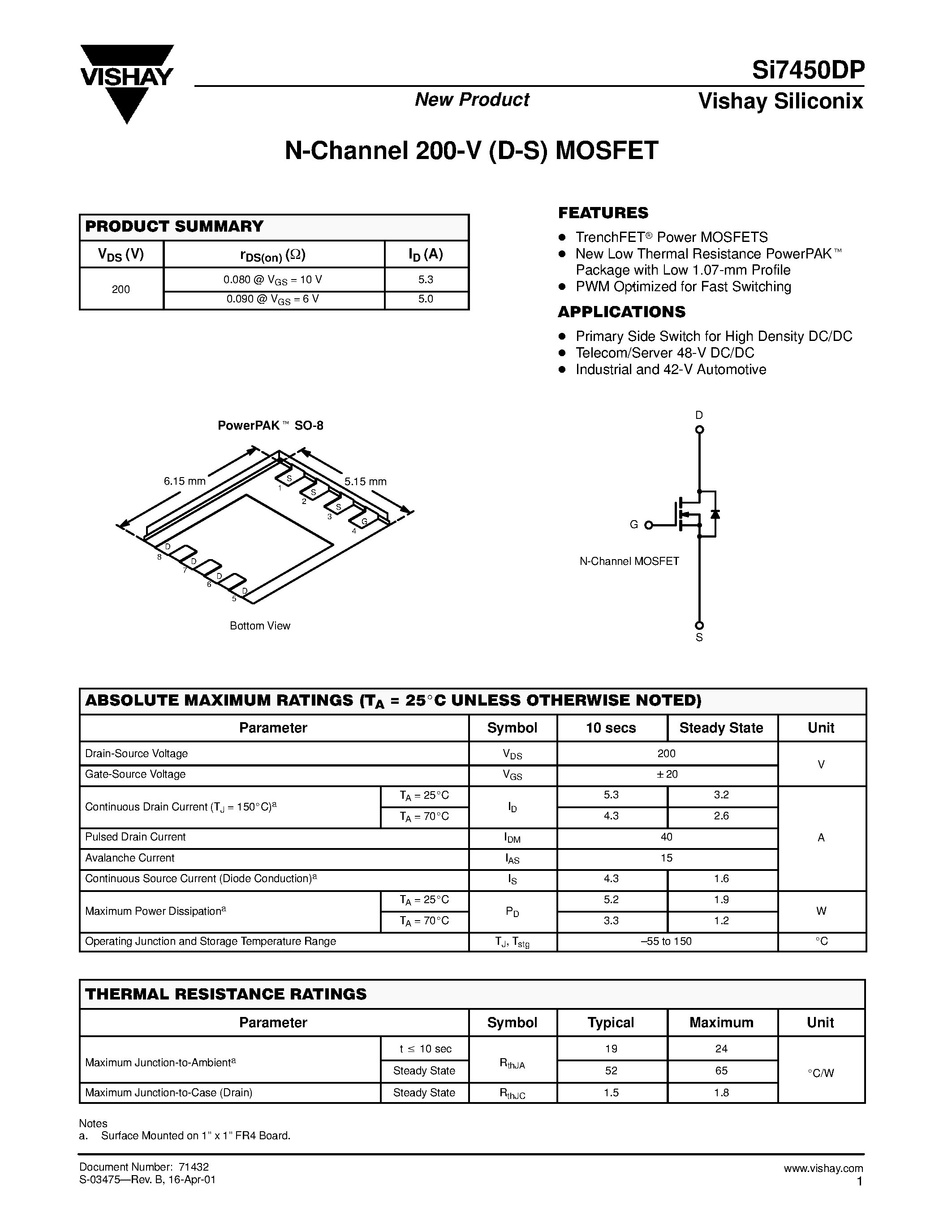 Даташит SI7450DP - N-Channel 200-V (D-S) MOSFET страница 1