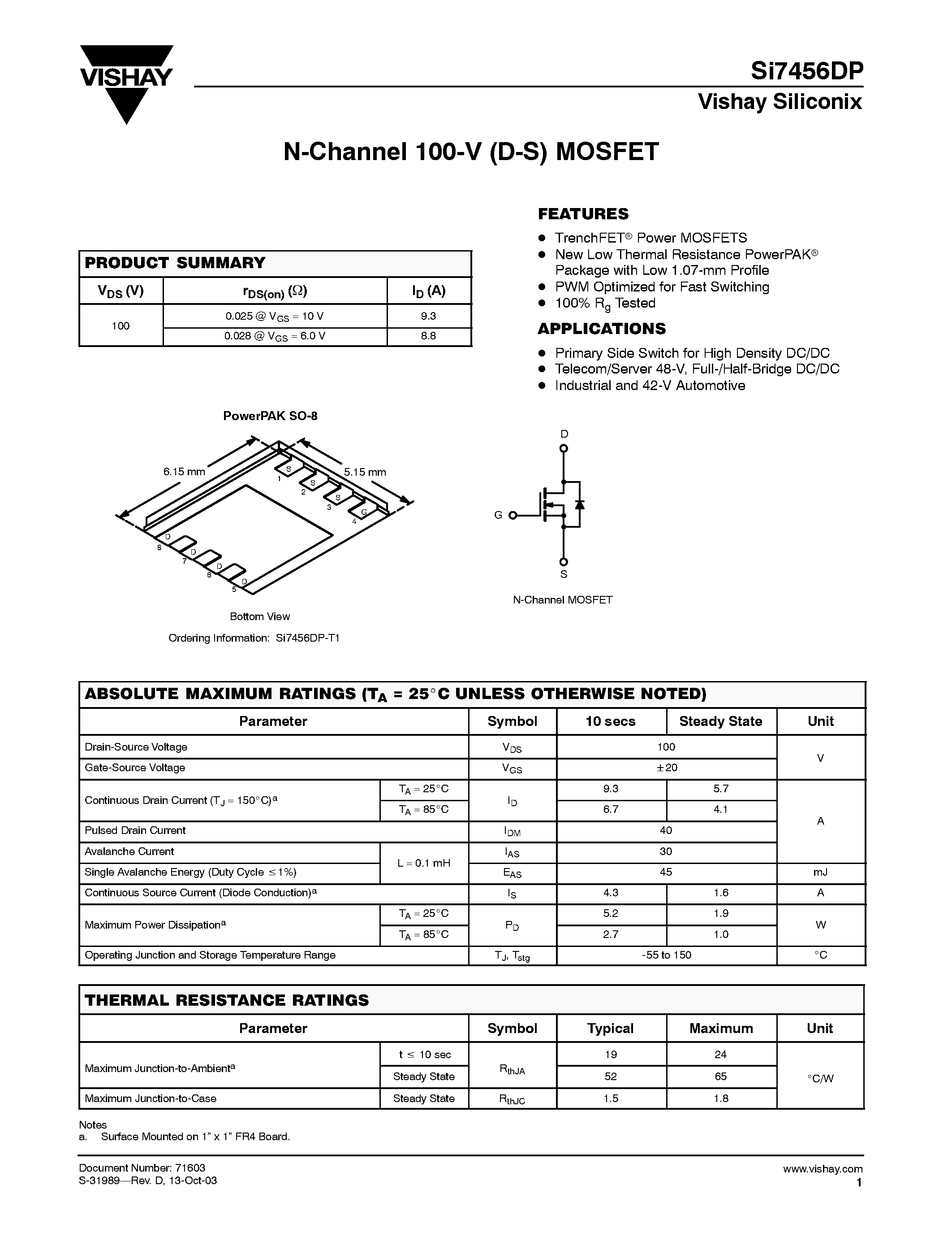 Даташит SI7456DP - N-Channel 100-V (D-S) MOSFET страница 1