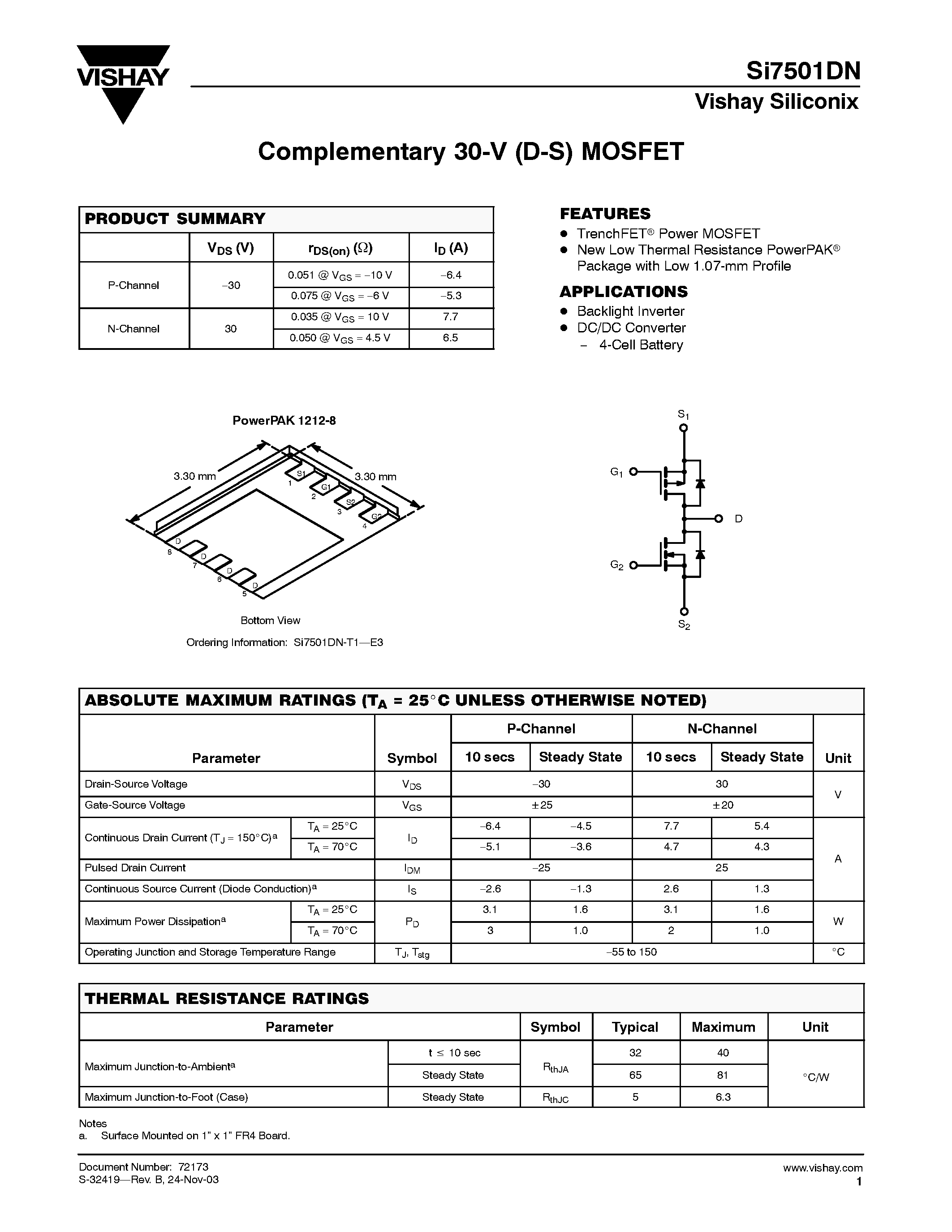 Даташит Si7501DN - Complementary 30-V (D-S) MOSFET страница 1