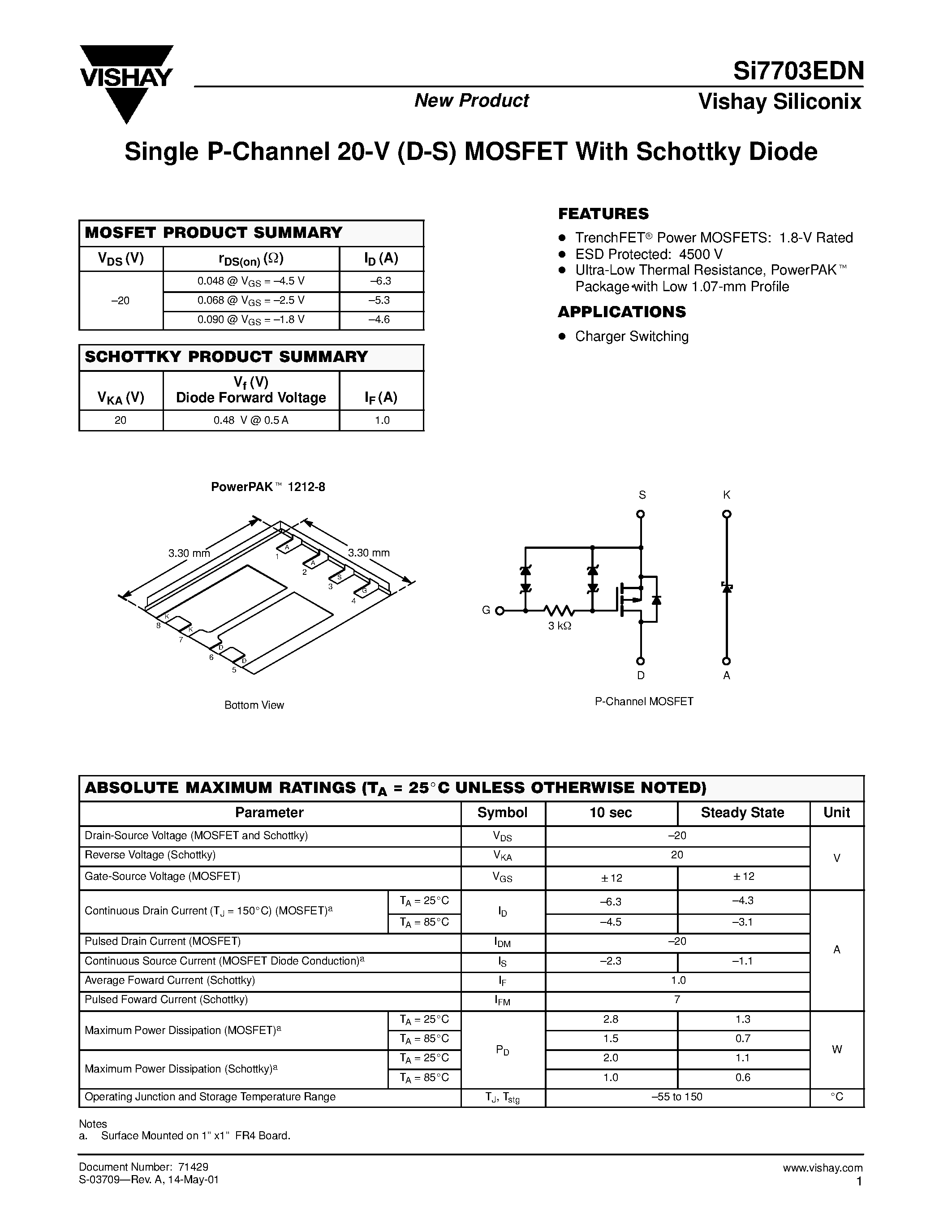 Даташит на микросхему SI7703EDN страница 1 Даташит SI7703EDN - Single P-Channel 20-V (D-S) MOSFET With Schottky Diode страница 1