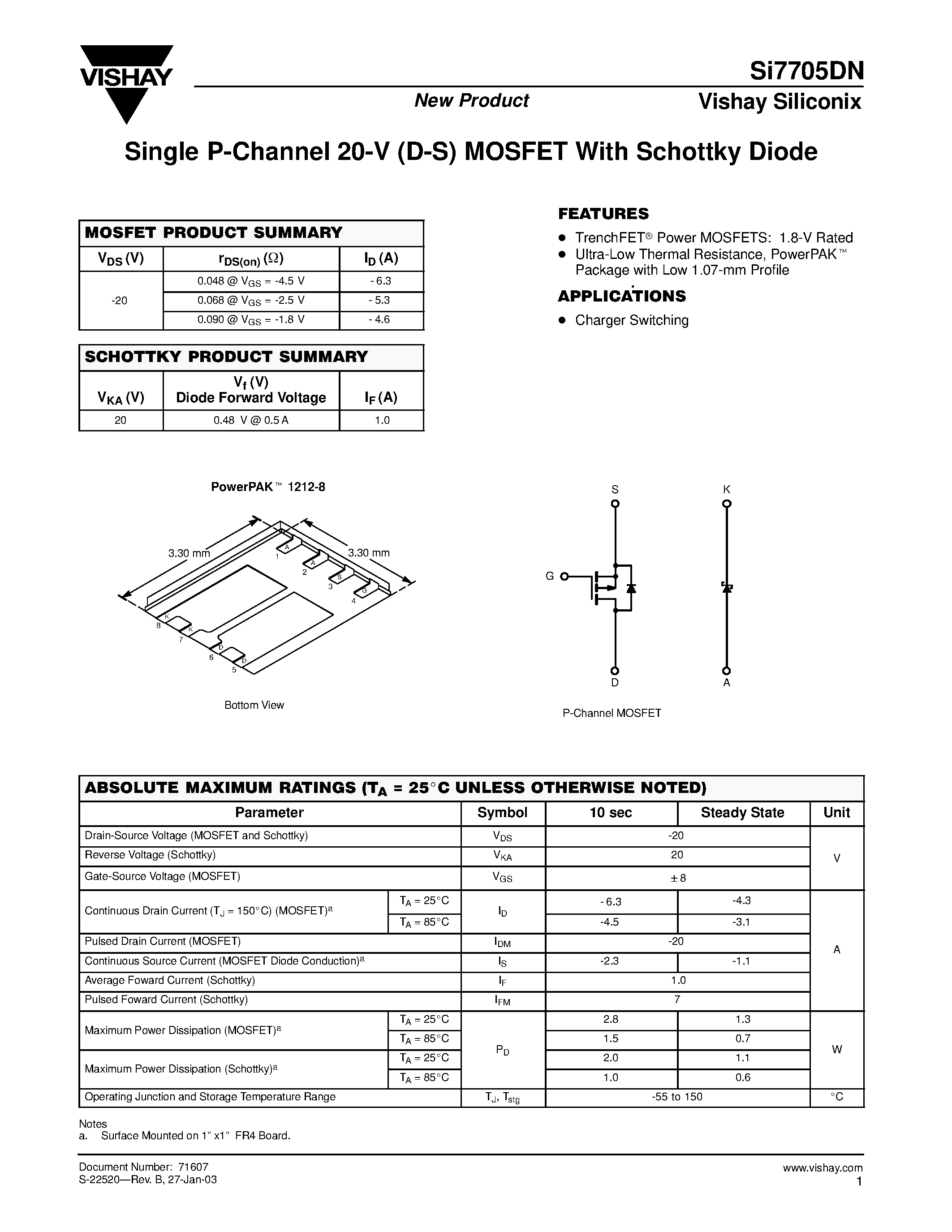 Даташит на микросхему SI7705DN страница 1 Даташит SI7705DN - Single P-Channel 20-V (D-S) MOSFET With Schottky Diode страница 1