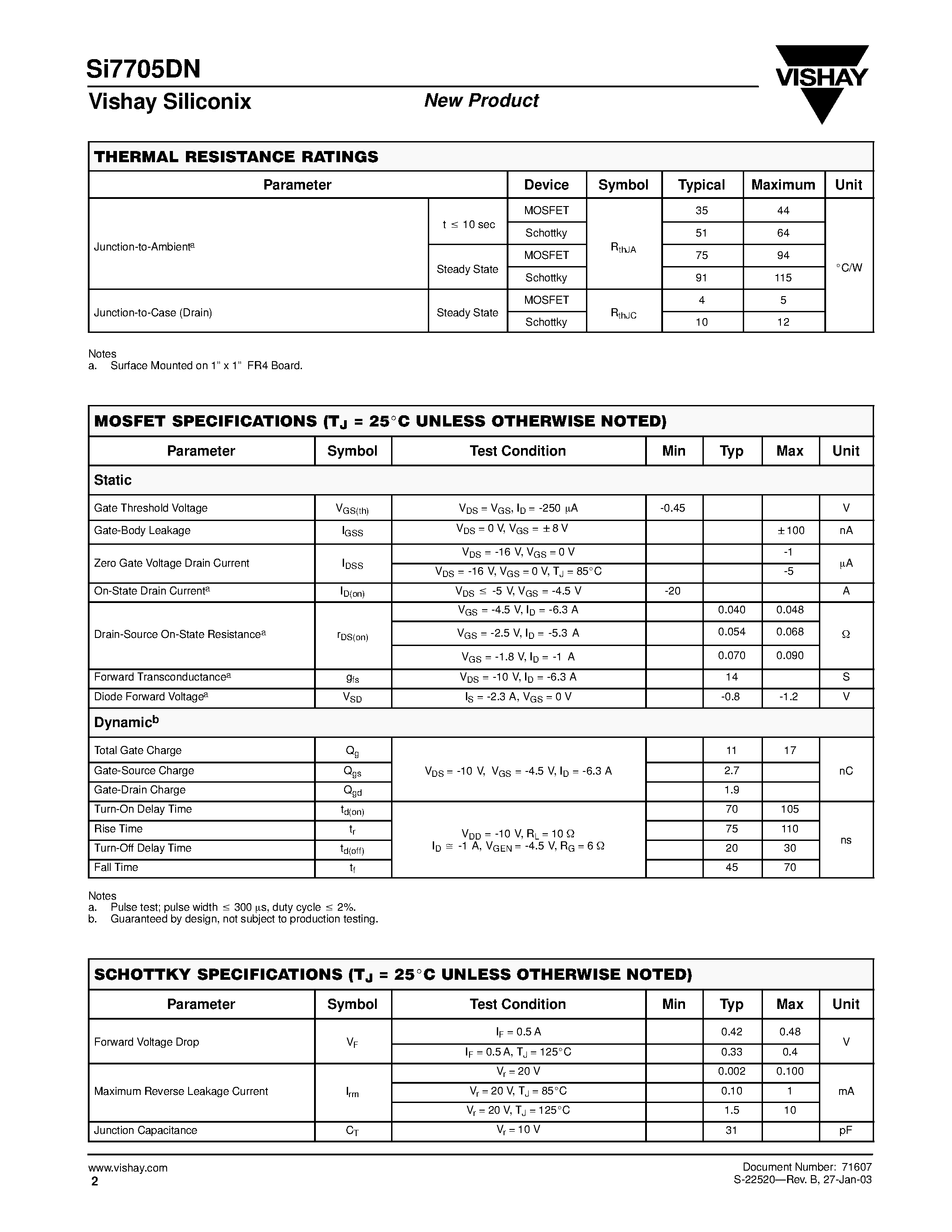 Даташит на микросхему SI7705DN страница 2 Даташит SI7705DN - Single P-Channel 20-V (D-S) MOSFET With Schottky Diode страница 2
