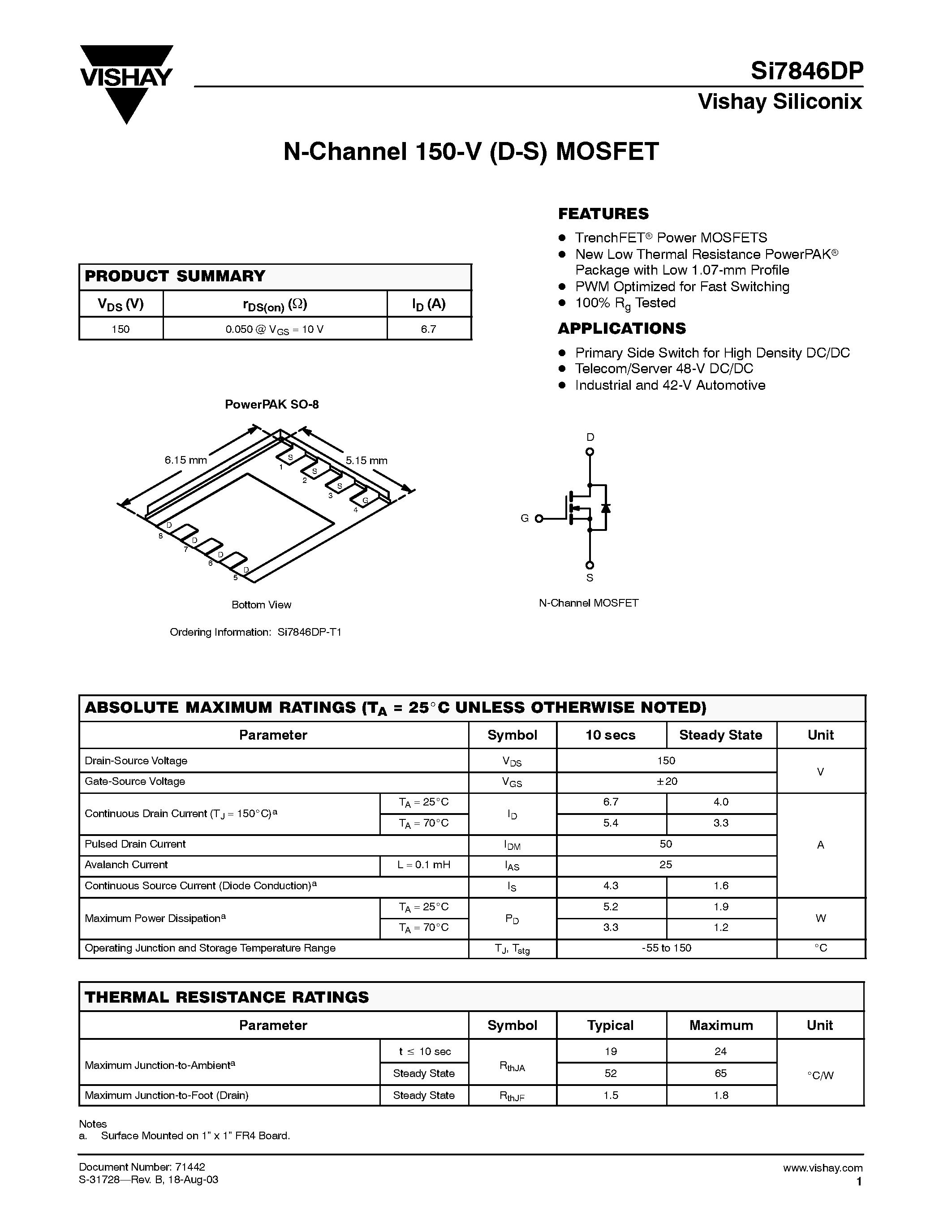 Даташит SI7846DP-T1 - N-Channel 150-V (D-S) MOSFET страница 1