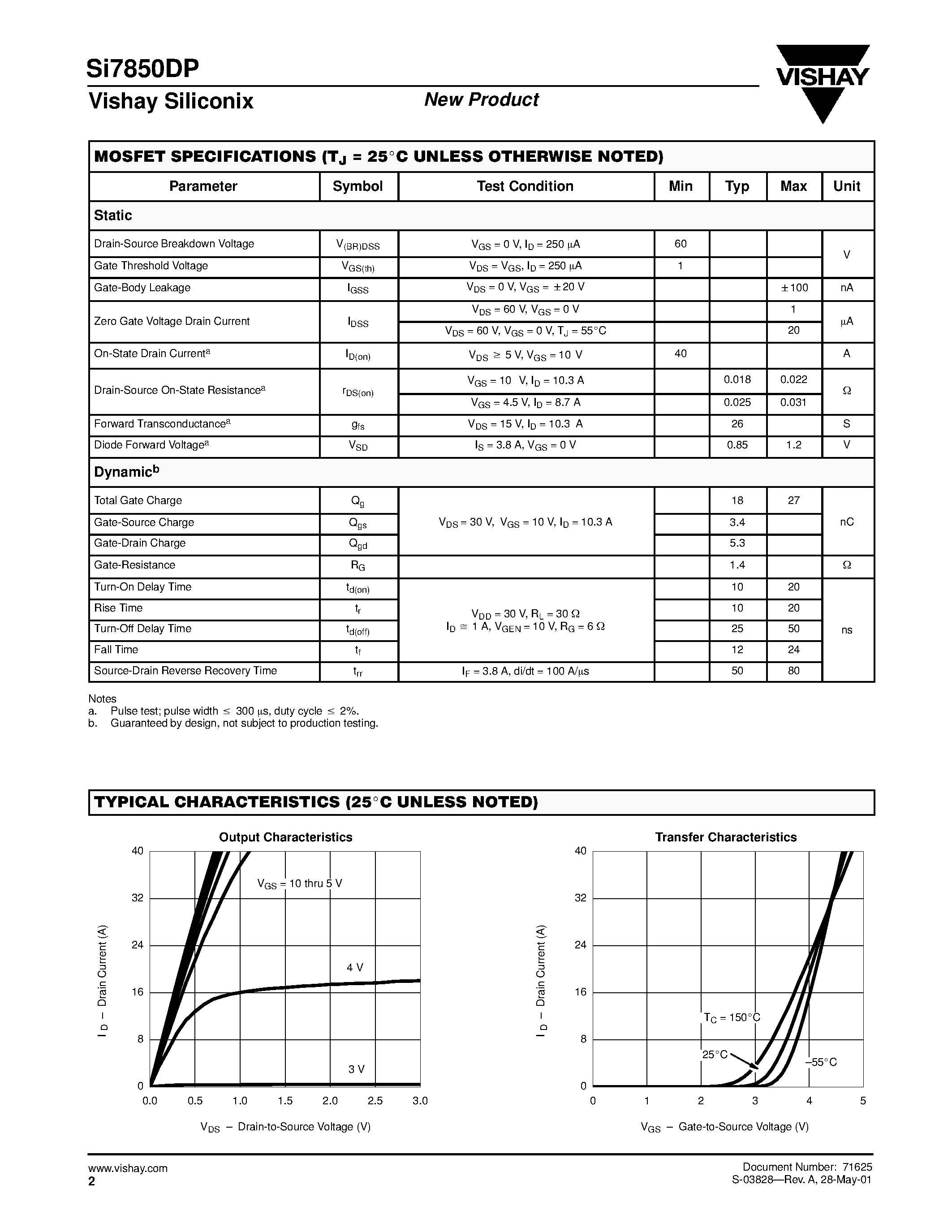 Даташит SI7850DP - N-Channel 60-V (D-S) Fast Switching MOSFET страница 2