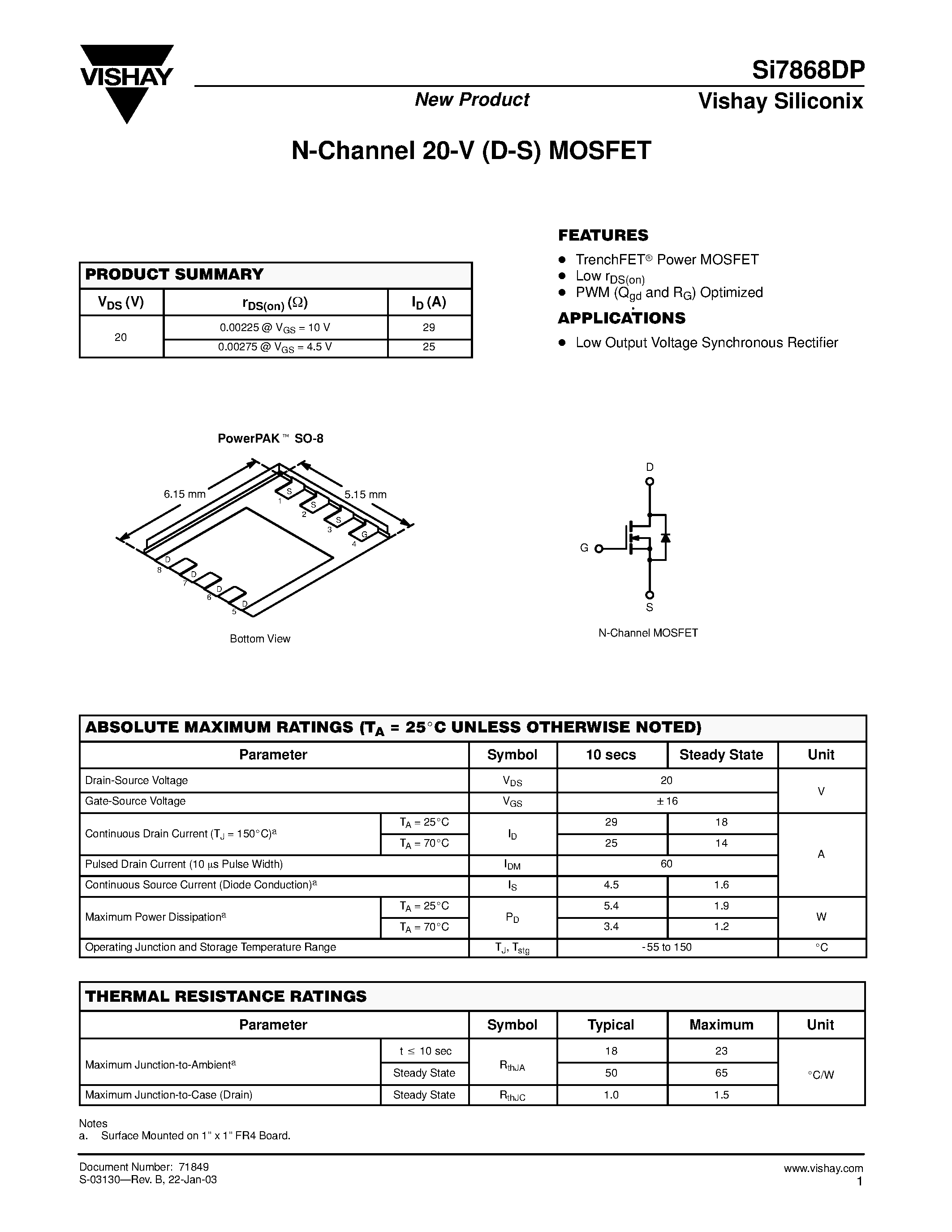 Даташит SI7868DP - N-Channel 20-V (D-S) MOSFET страница 1