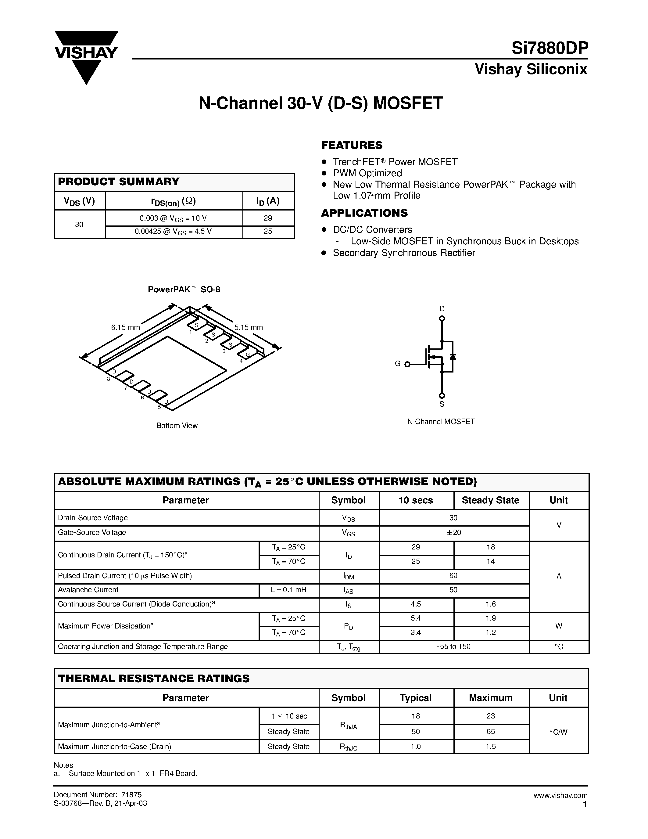Даташит SI7880DP - N-Channel 30-V (D-S) MOSFET страница 1