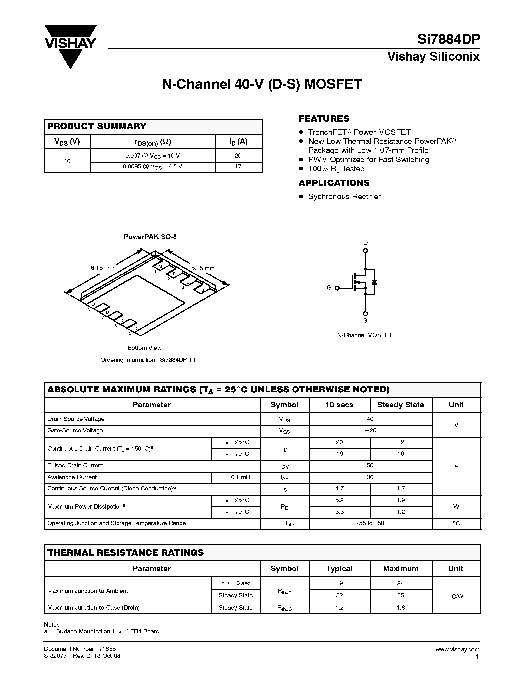 Даташит SI7884DP - N-Channel 40-V (D-S) MOSFET страница 1