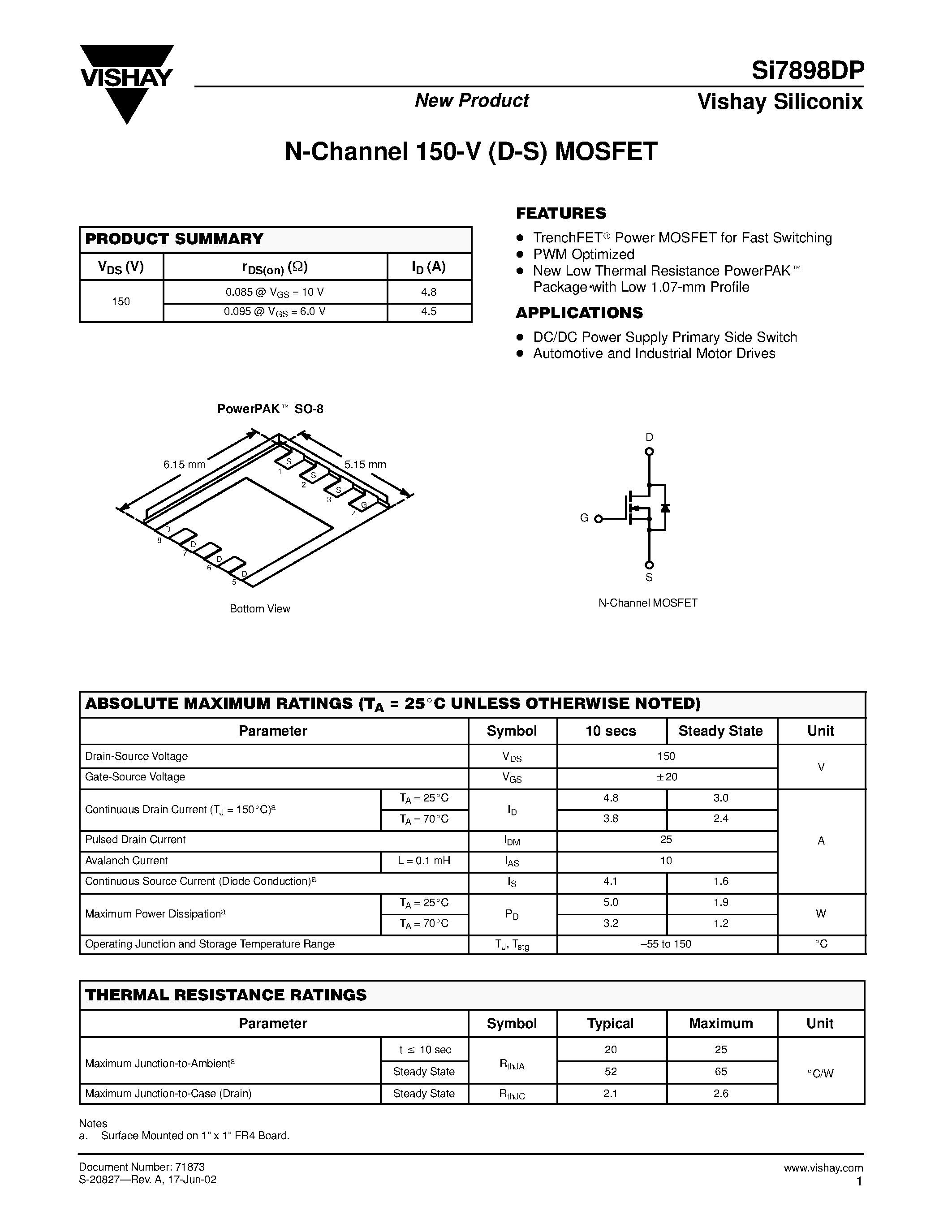 Даташит SI7898DP - N-Channel 150-V (D-S) MOSFET страница 1